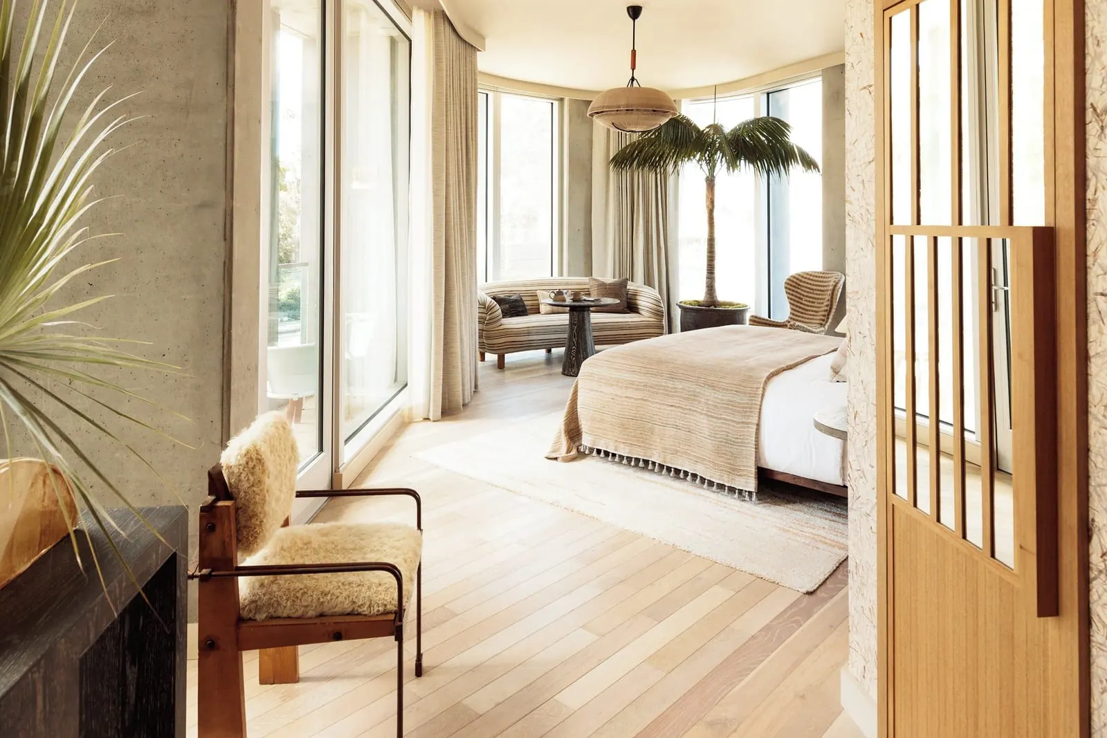 Premier Suite im Santa Monica Proper Hotel: ein Kingsize-Bett auf einem hellen Teppich, mit einem geschwungenen gestreiften Sofa, einem Korbstuhl und einer Zimmerpalme vor geschwungenen raumhohen Fenstern