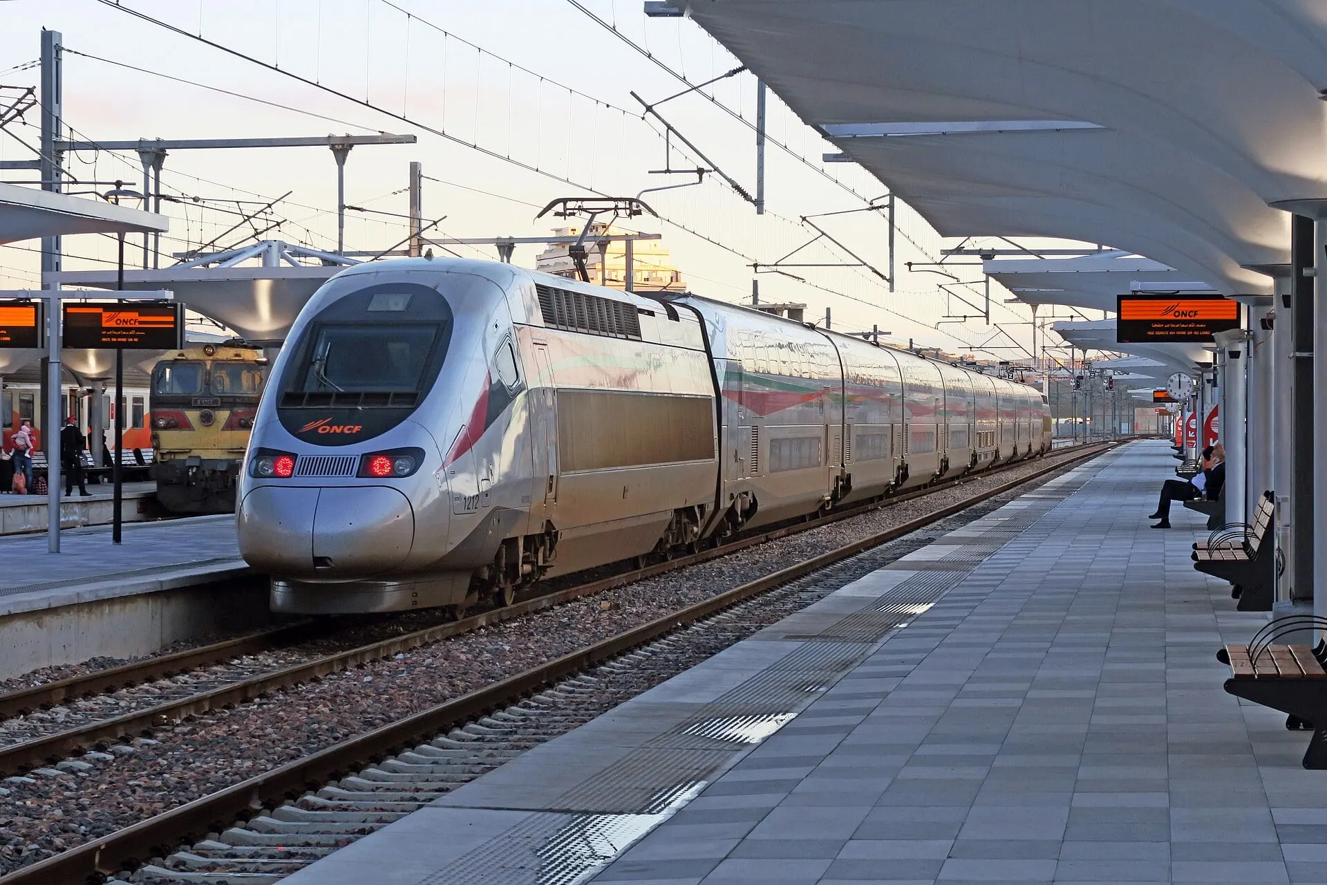 An Al Boraq high speed train waiting at the platform of Tanger Ville station in the evening light