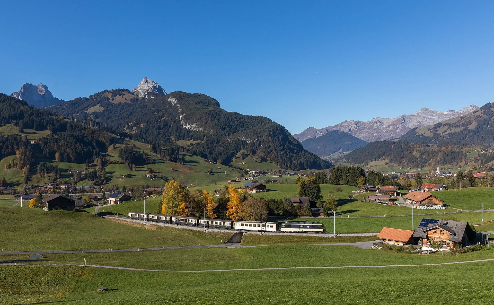 A GoldenPass train runs through green meadows and autumn trees near Gstaad, under a clear blue sky and rocky mountain peaks.