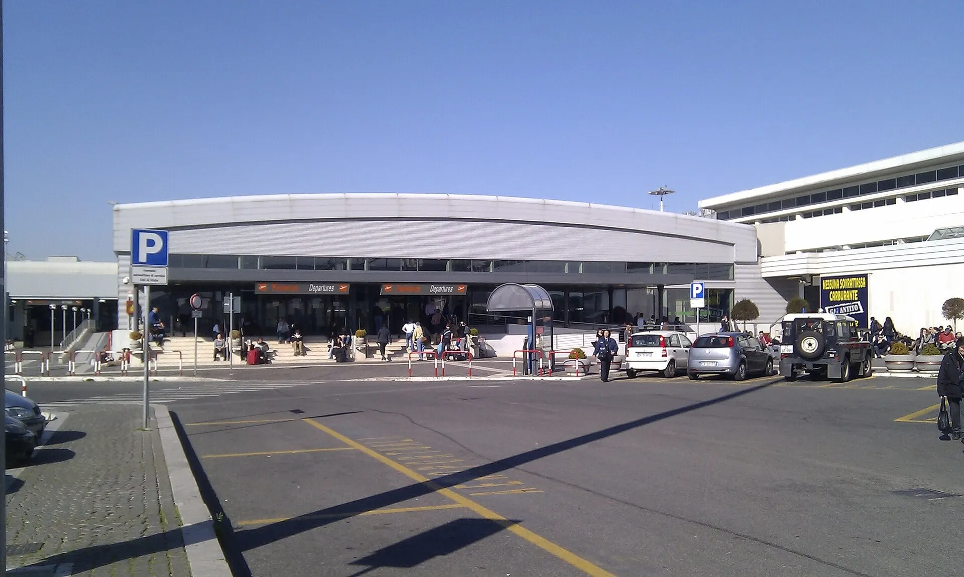 The departures entrance of the terminal at Rome Ciampino Airport on a sunny day