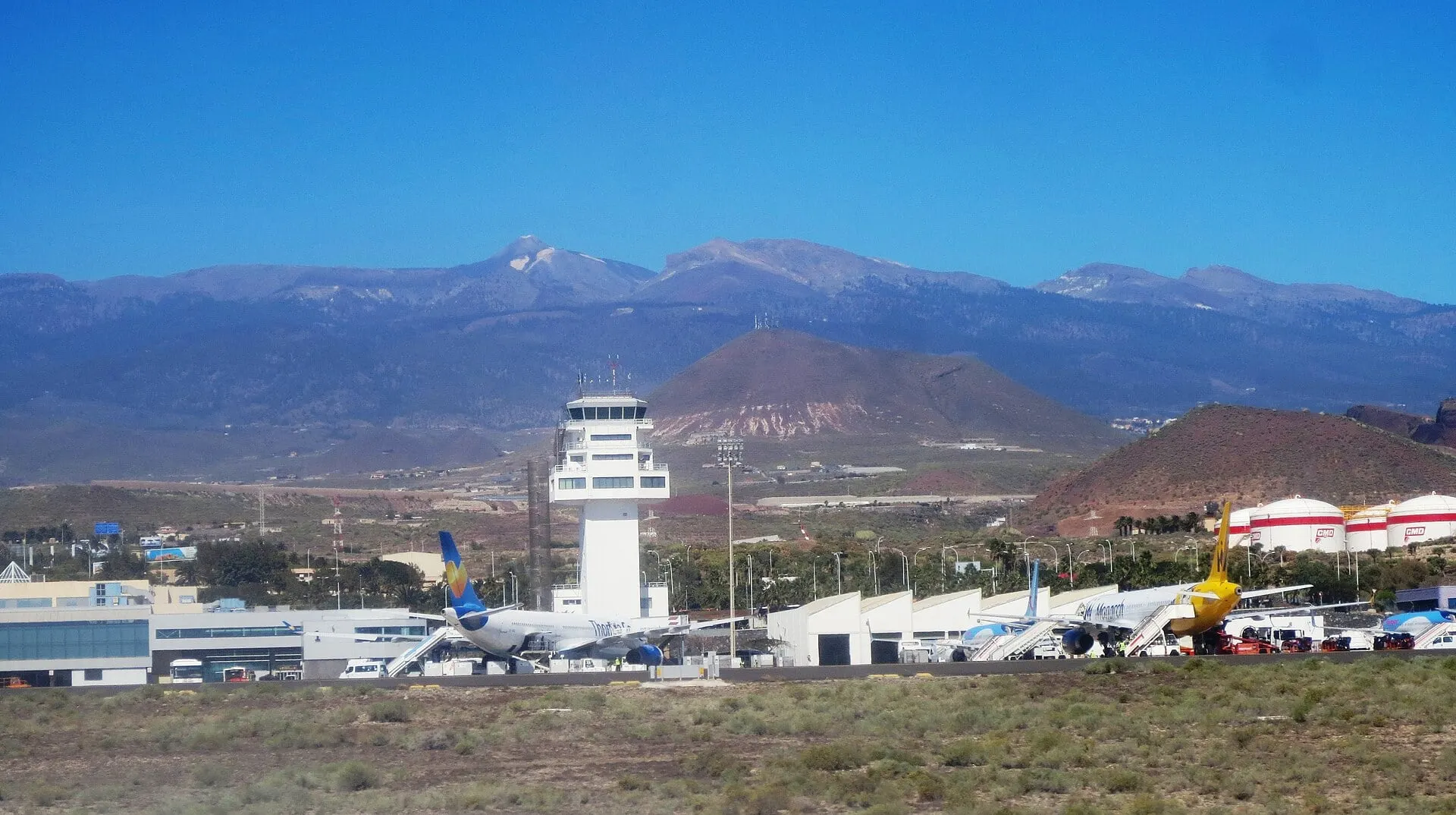 The control tower and terminal at Tenerife South Airport, with Mount Teide behind