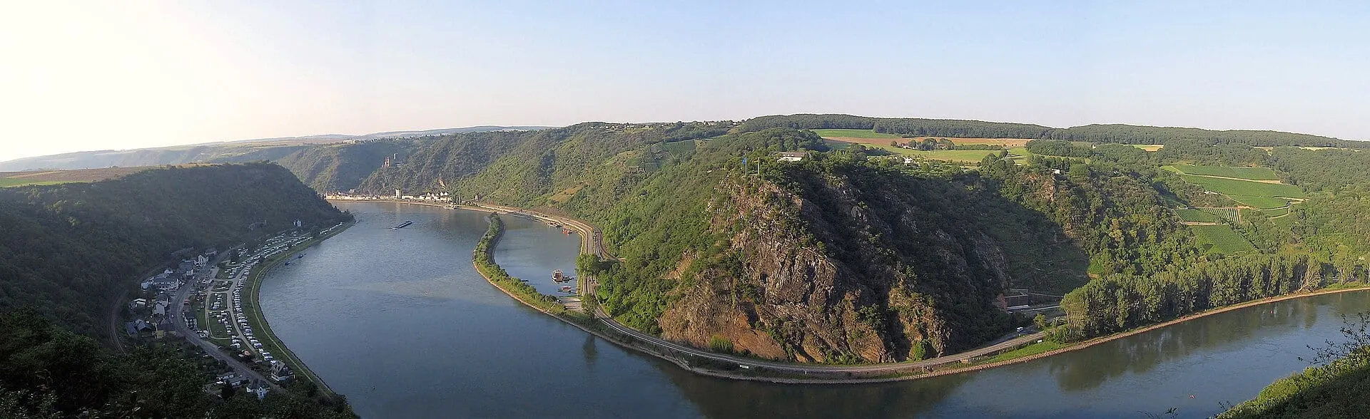 The Lorelei rock above the great bend of the Rhine, seen from the left bank.