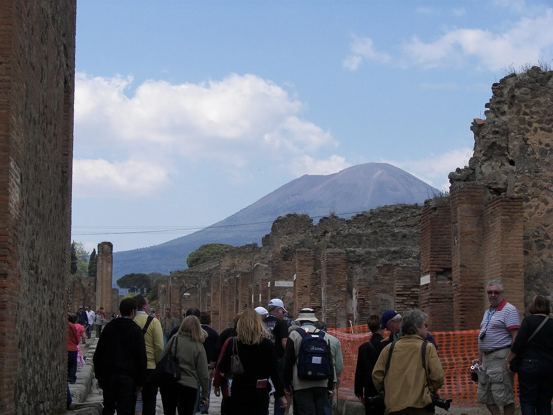 Mount Vesuvius rising above the ruins of Pompeii near the Villa dei Misteri stop
