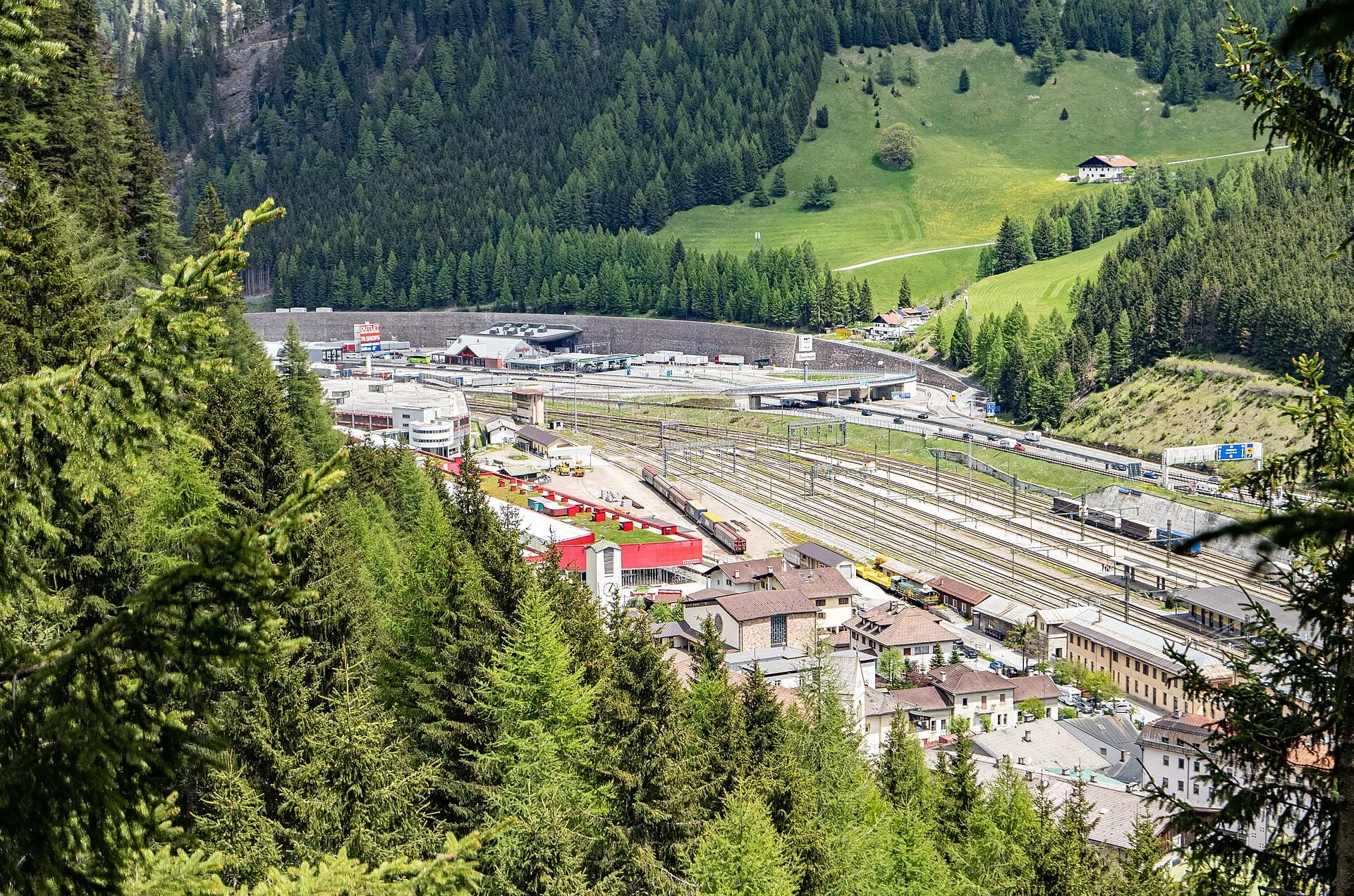 The station and border village of Brennero seen from the wooded slopes above the pass