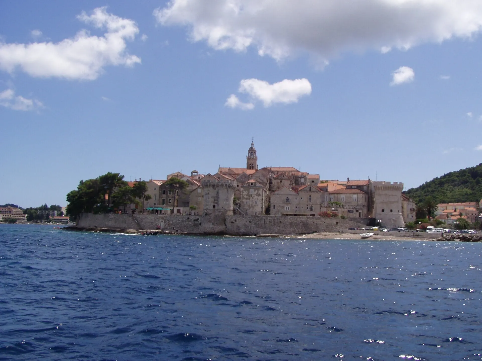 The walled old town of Korčula on its peninsula, seen from the water