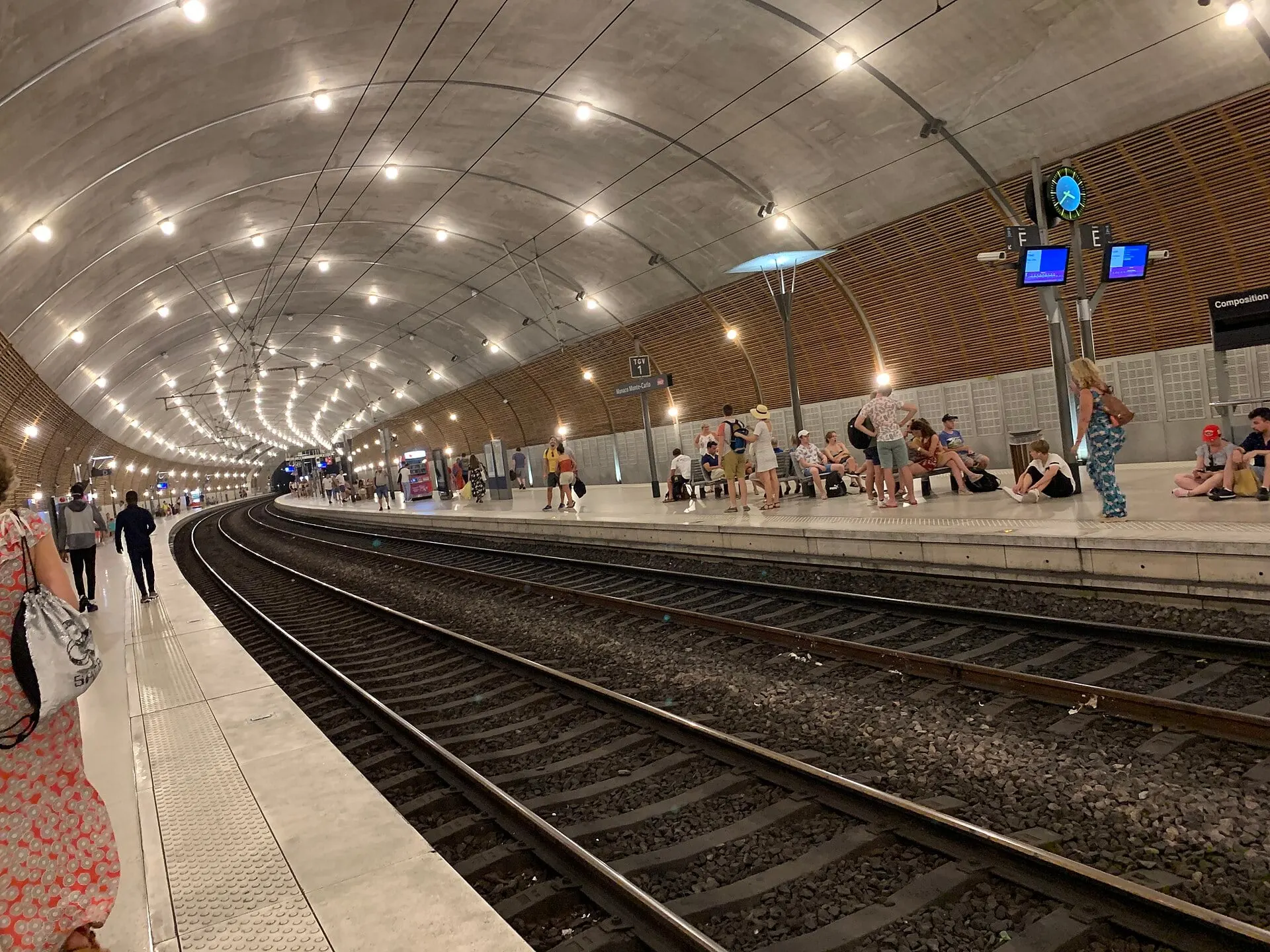 The vaulted underground platforms of Monaco station inside the rock.