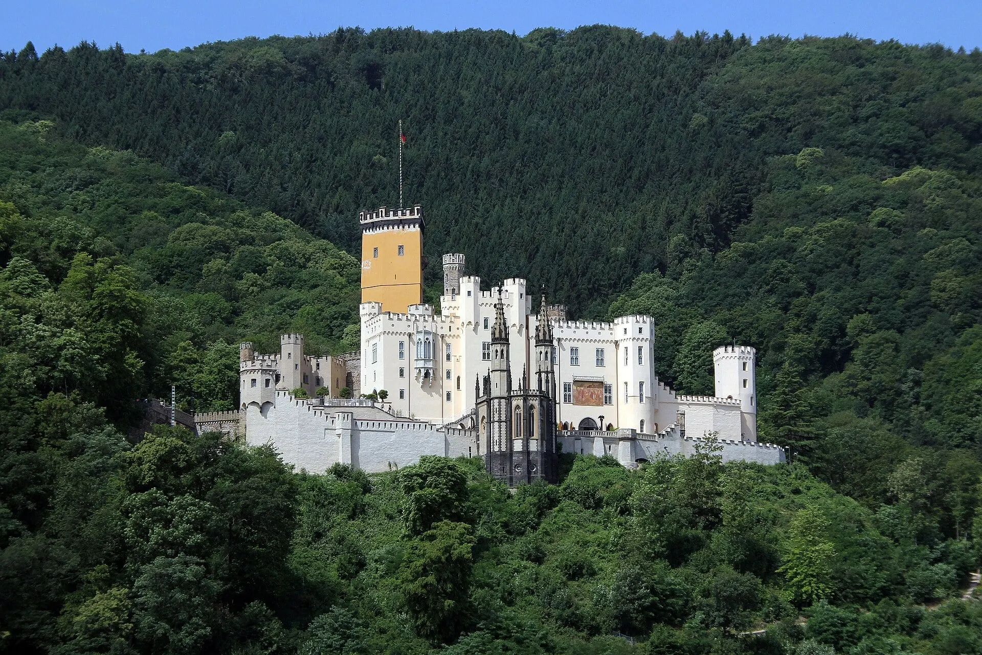 Stolzenfels castle among the woods on the slope south of Koblenz.