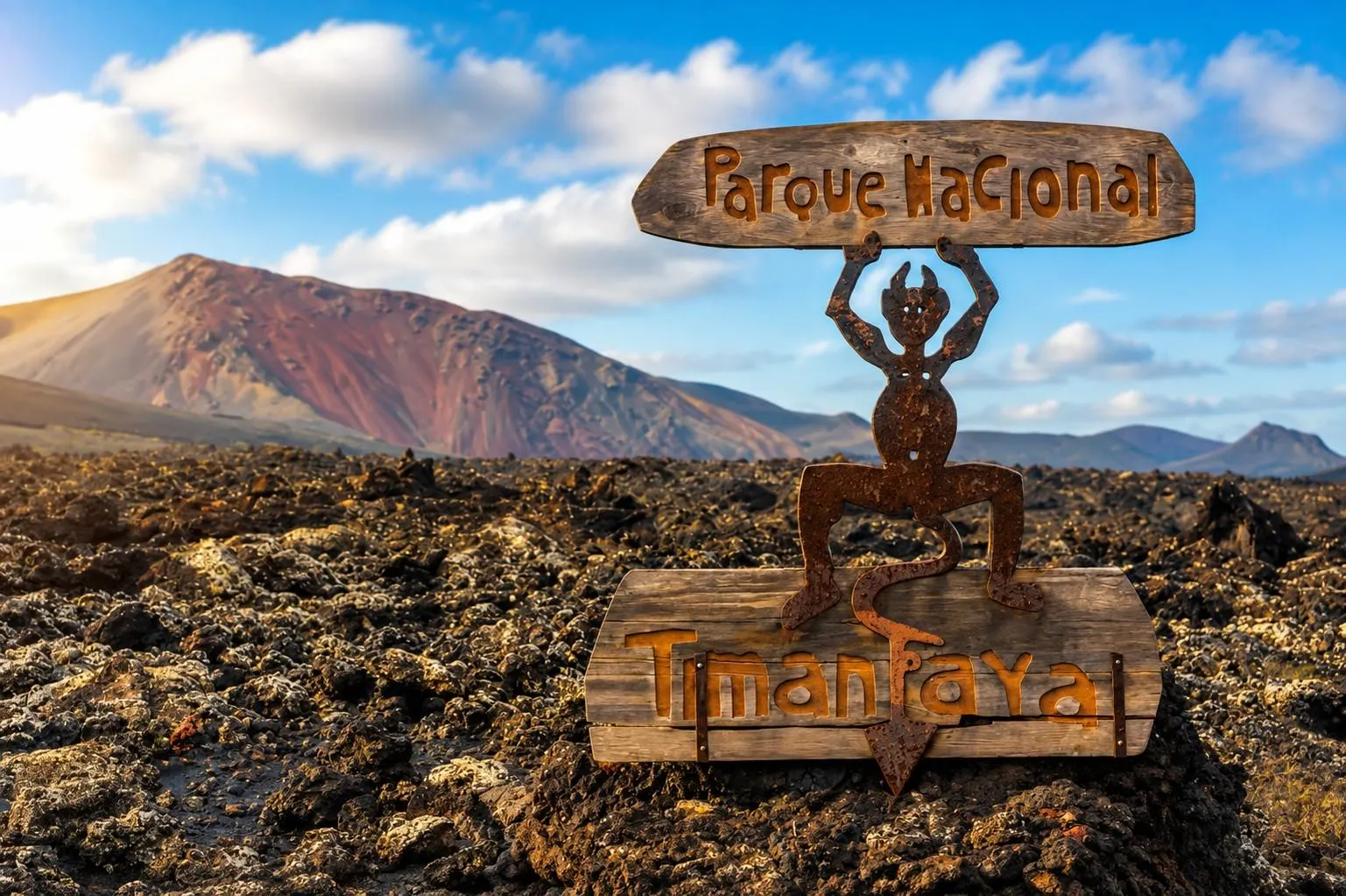 The devil sign of Timanfaya National Park on a lava field, with a red volcano behind