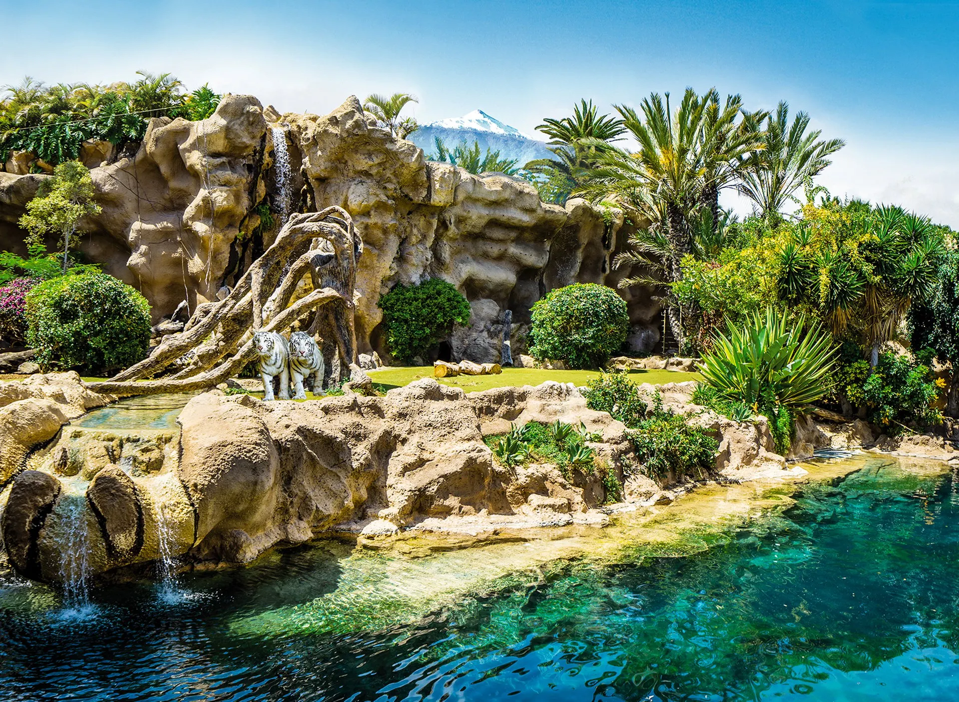 A waterfall and pools in the park's landscaped grounds