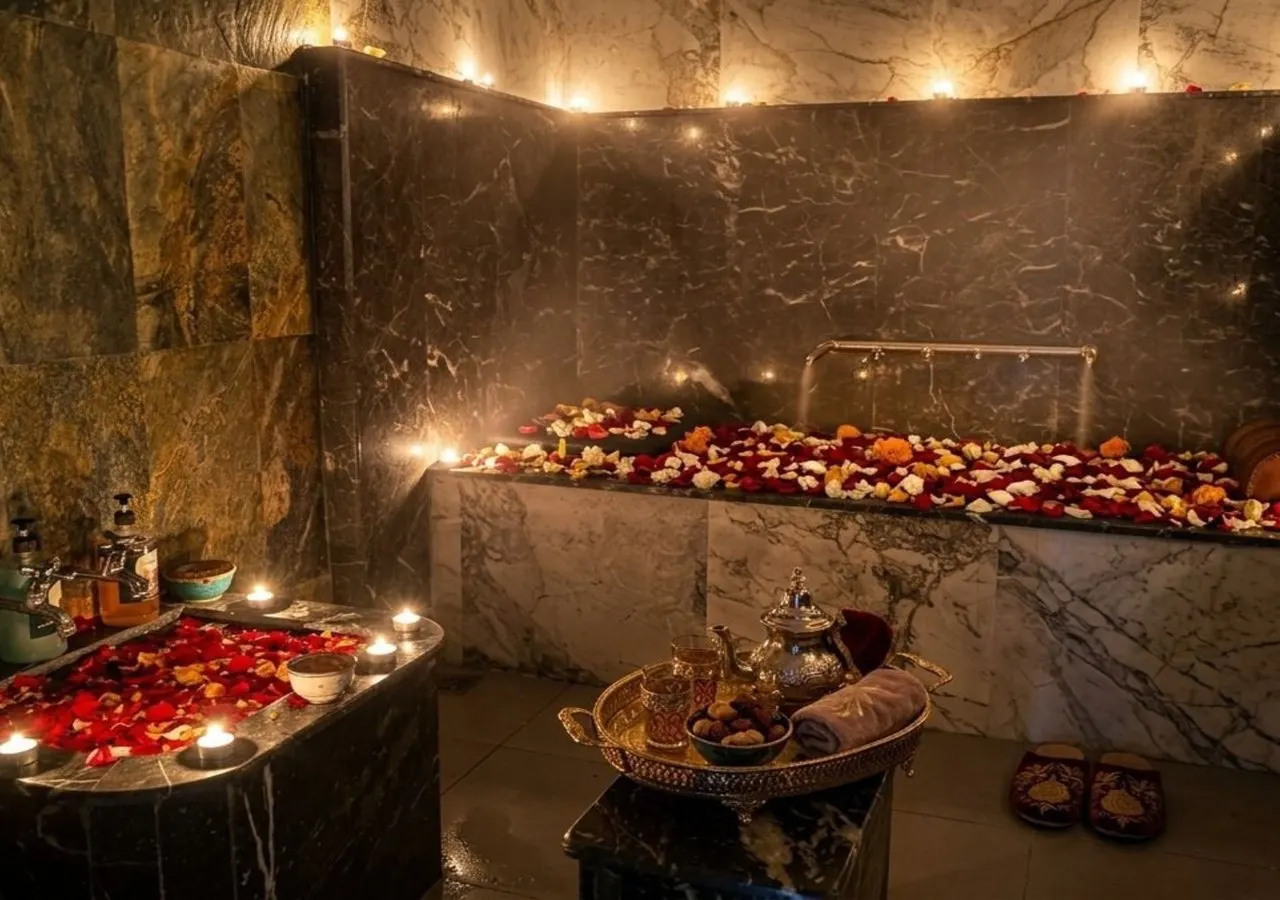A candlelit marble hammam laid with rose petals, with a tray of mint tea, a towel and slippers waiting