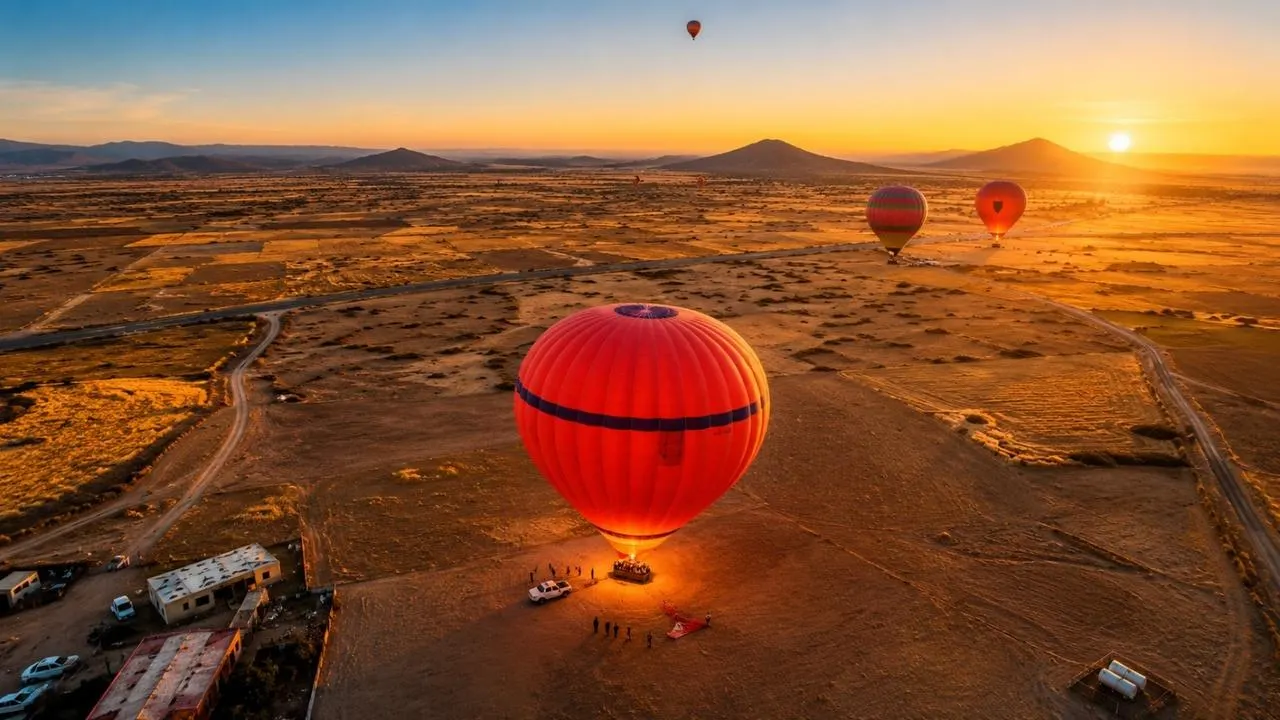 A red balloon rising from a stony plain at sunrise, seen from above, with more balloons in the distance and hills along the horizon