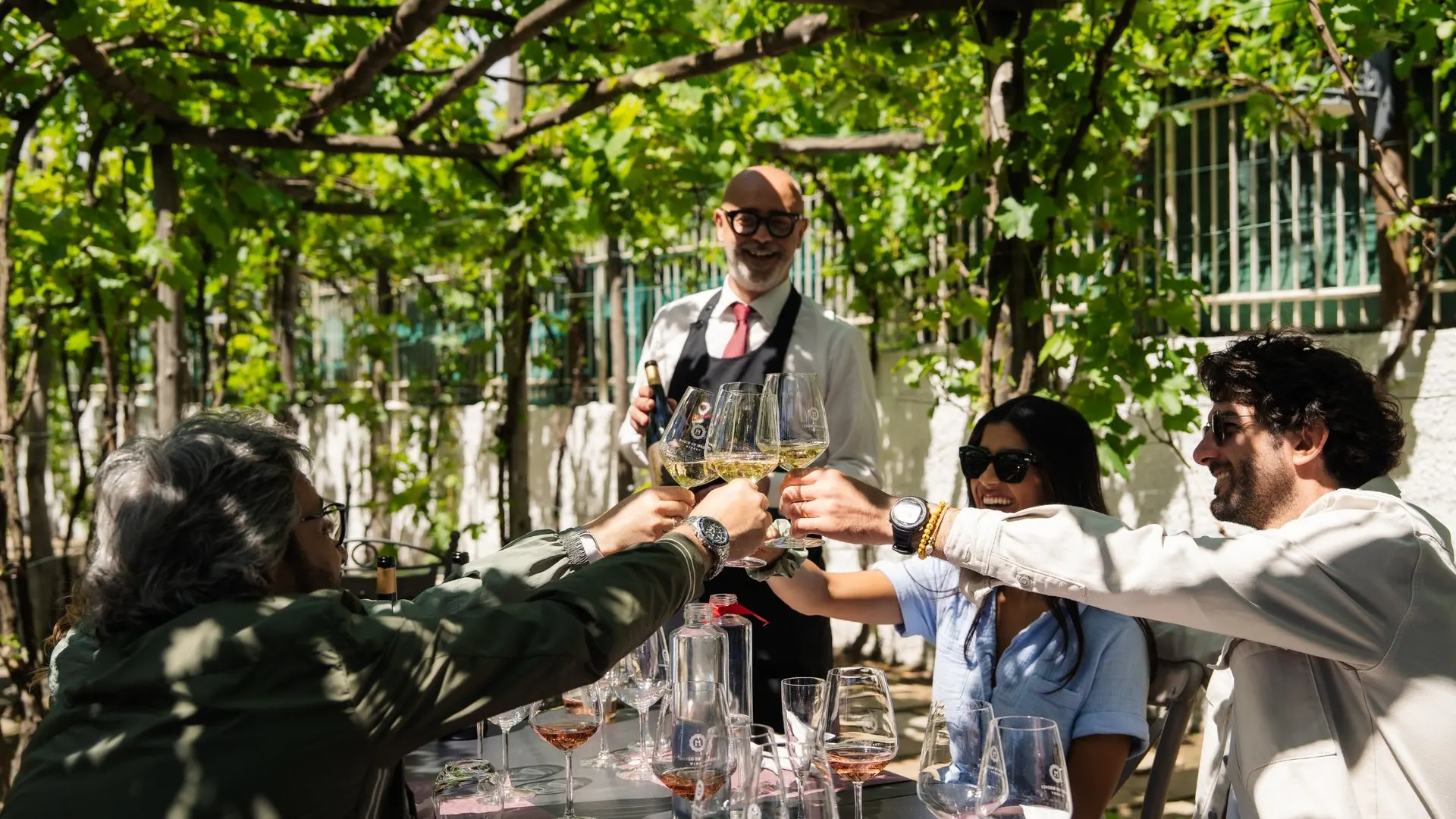 Guests raising glasses under a vine-covered pergola at the winery