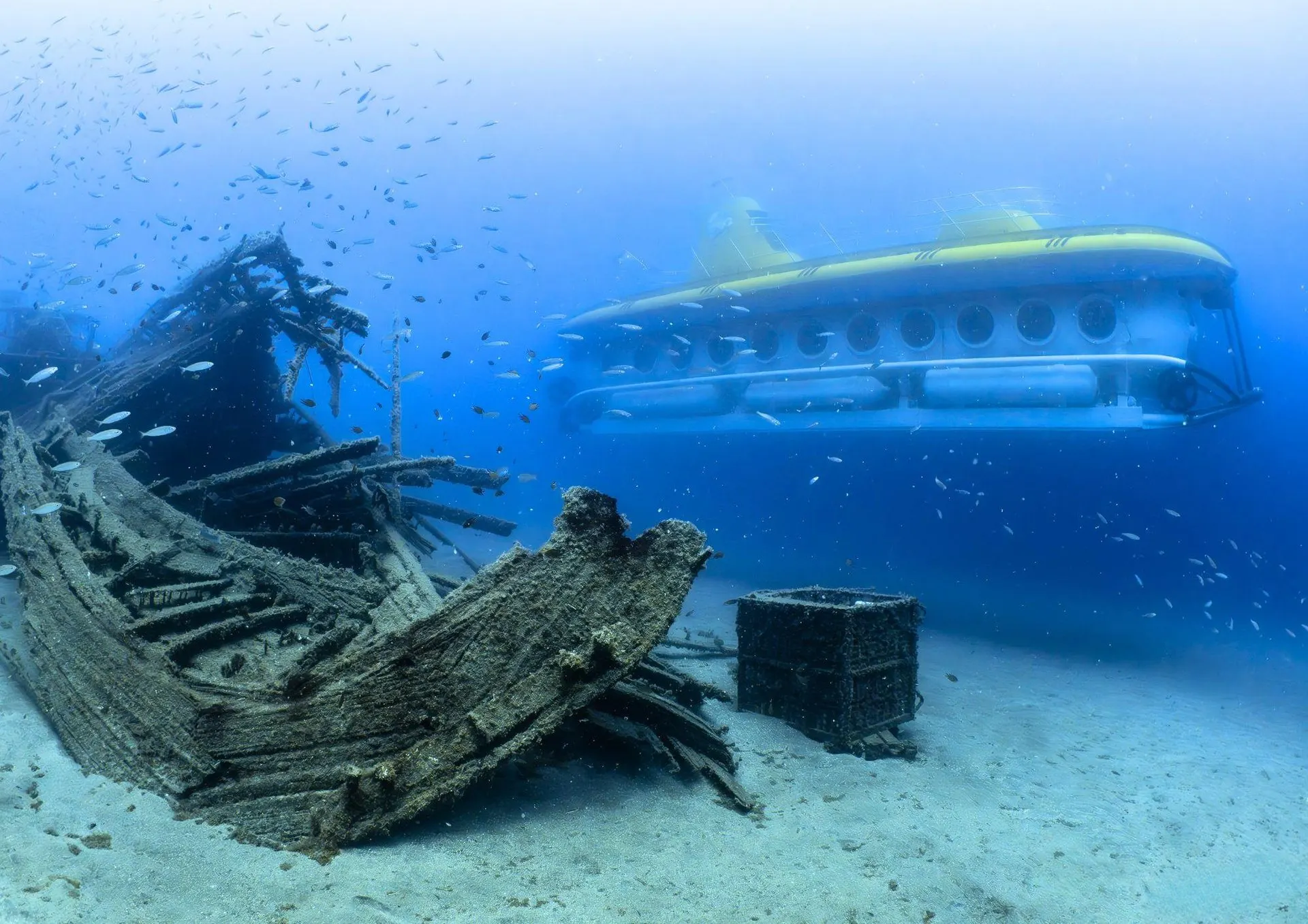 砂の海底で難破した木造船の木材のそばを進む潜水艦と、小魚の群れ
