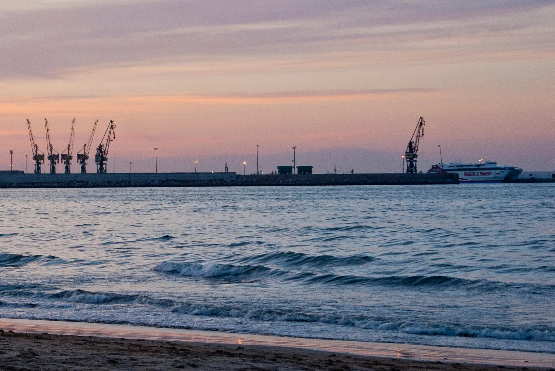 The sea at dusk off Tangier old port, where the ferries for Tarifa depart