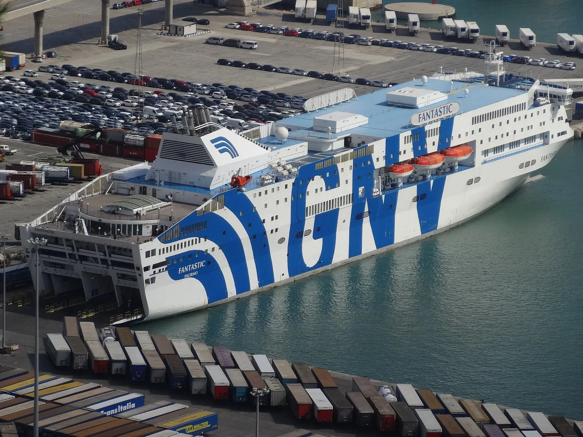 The GNV ferry Fantastic at its berth in the port of Barcelona, seen from above on Montjuïc.
