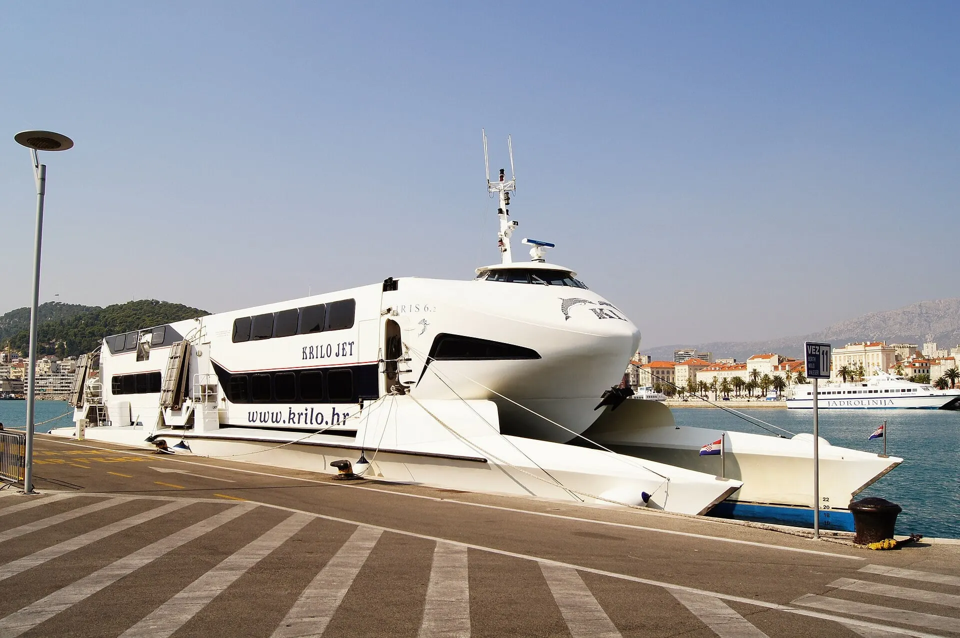 The Krilo Jet catamaran moored on the quay in Split