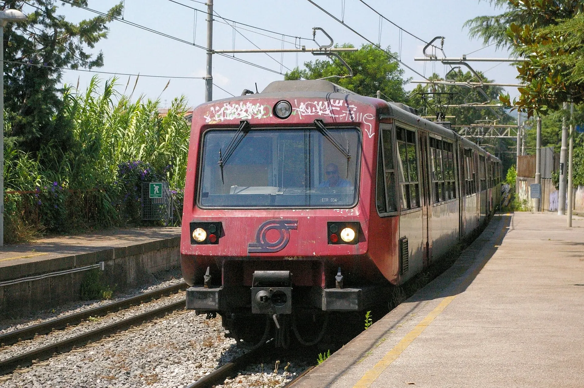 The front of a Circumvesuviana train at a platform surrounded by greenery