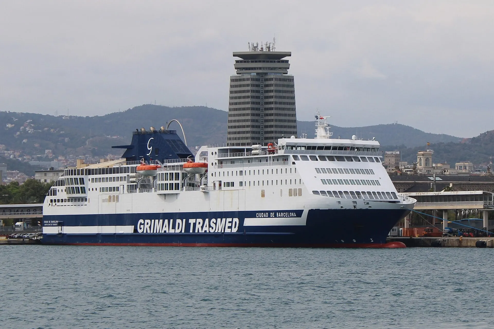 The Grimaldi Trasmed ferry Ciudad de Barcelona moored in the port of Barcelona.