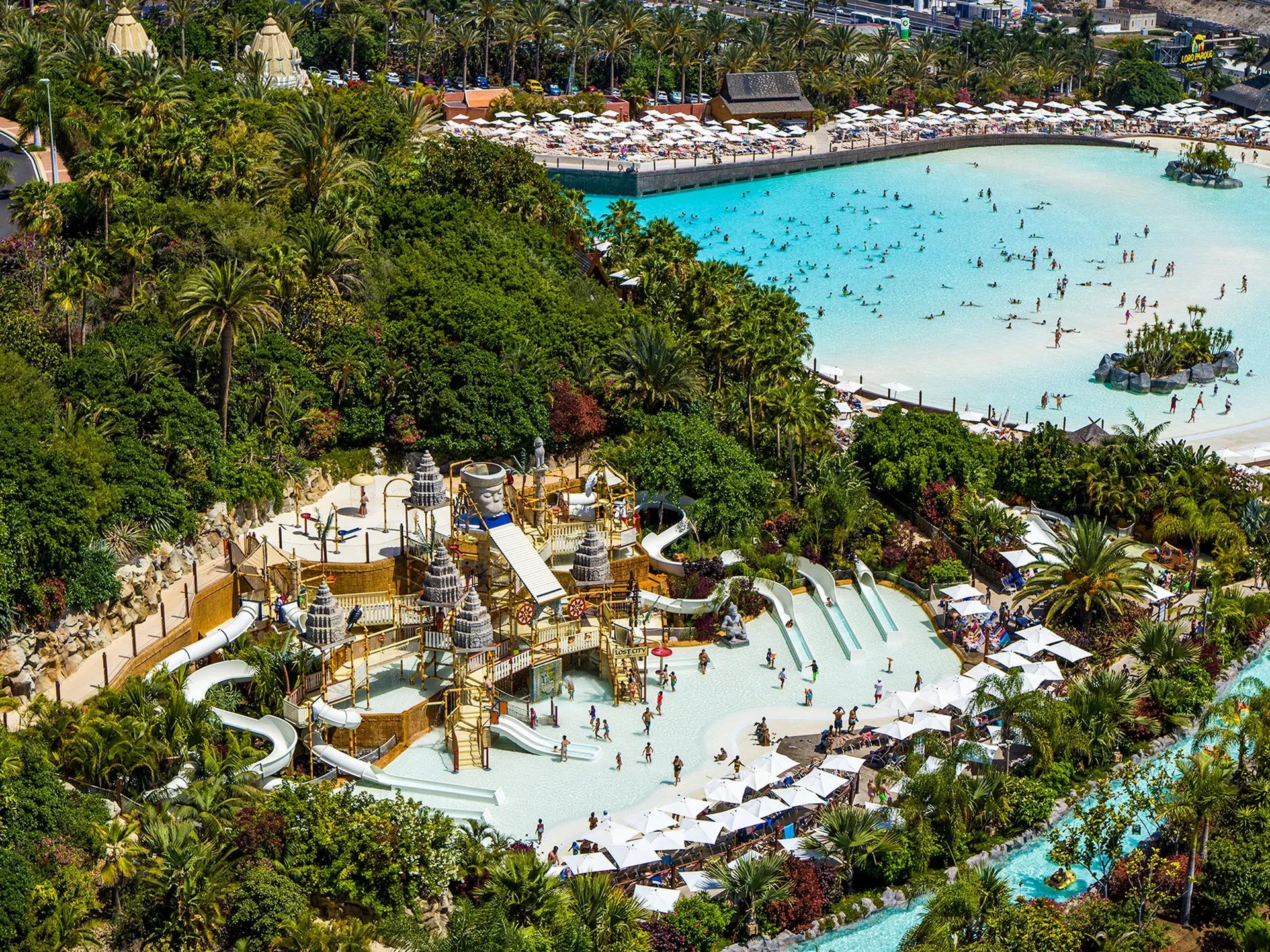 Siam Park from the air: the Wave Palace pool and the slides among tropical gardens