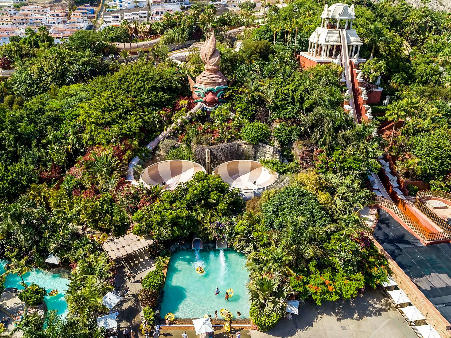 The Tower of Power slide and the park's gardens, seen from above
