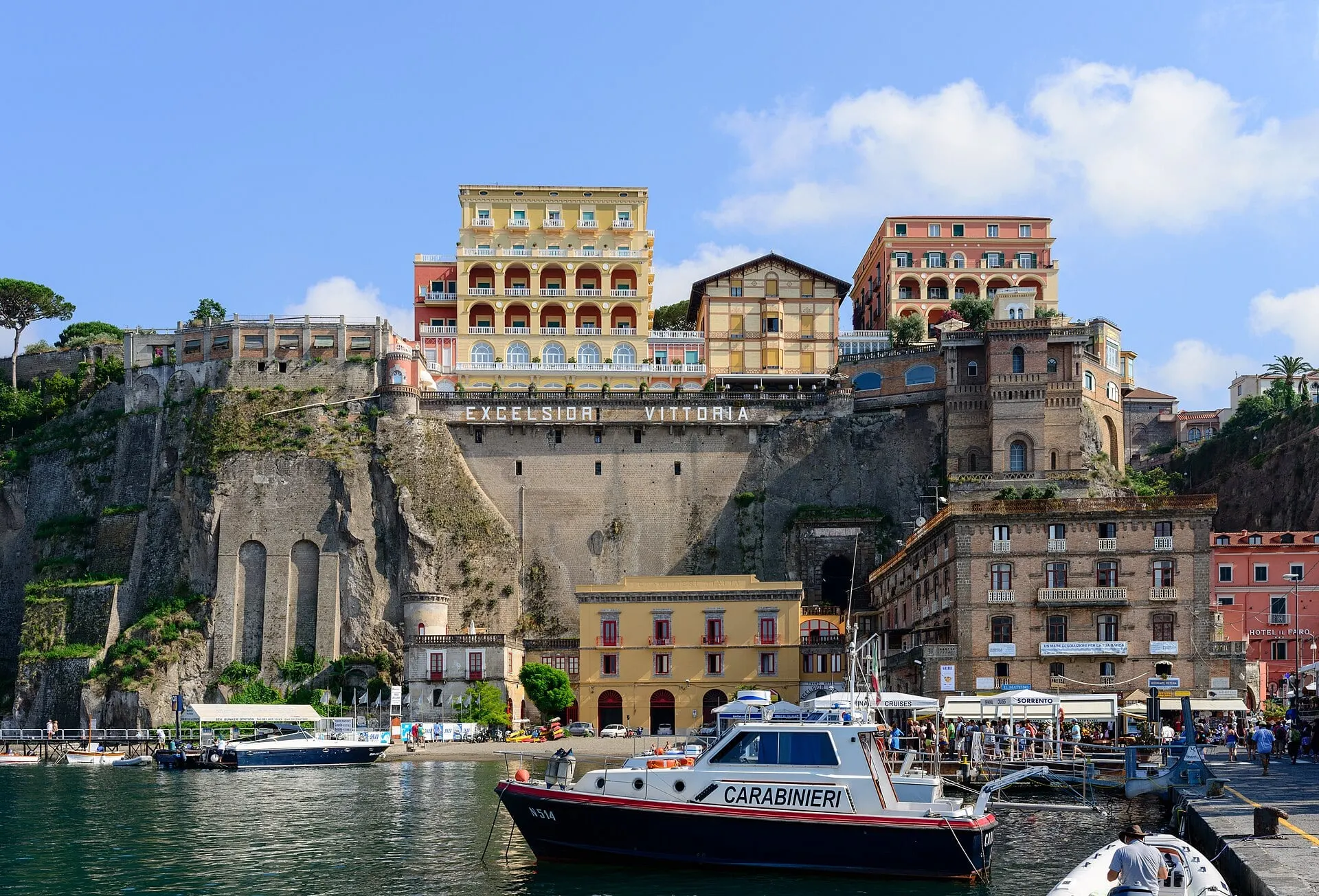 Marina Piccola in Sorrento, the ferry port under the cliffs and the hotels on top