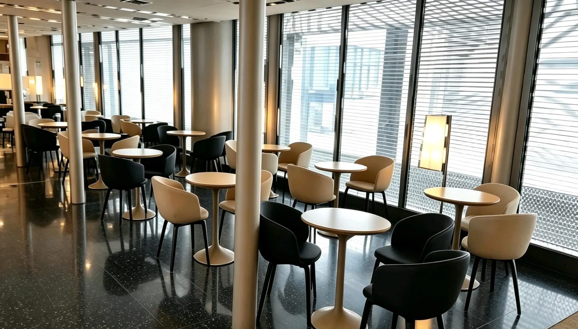 Lounge café area with round tables, curved chairs and tall windows with blinds