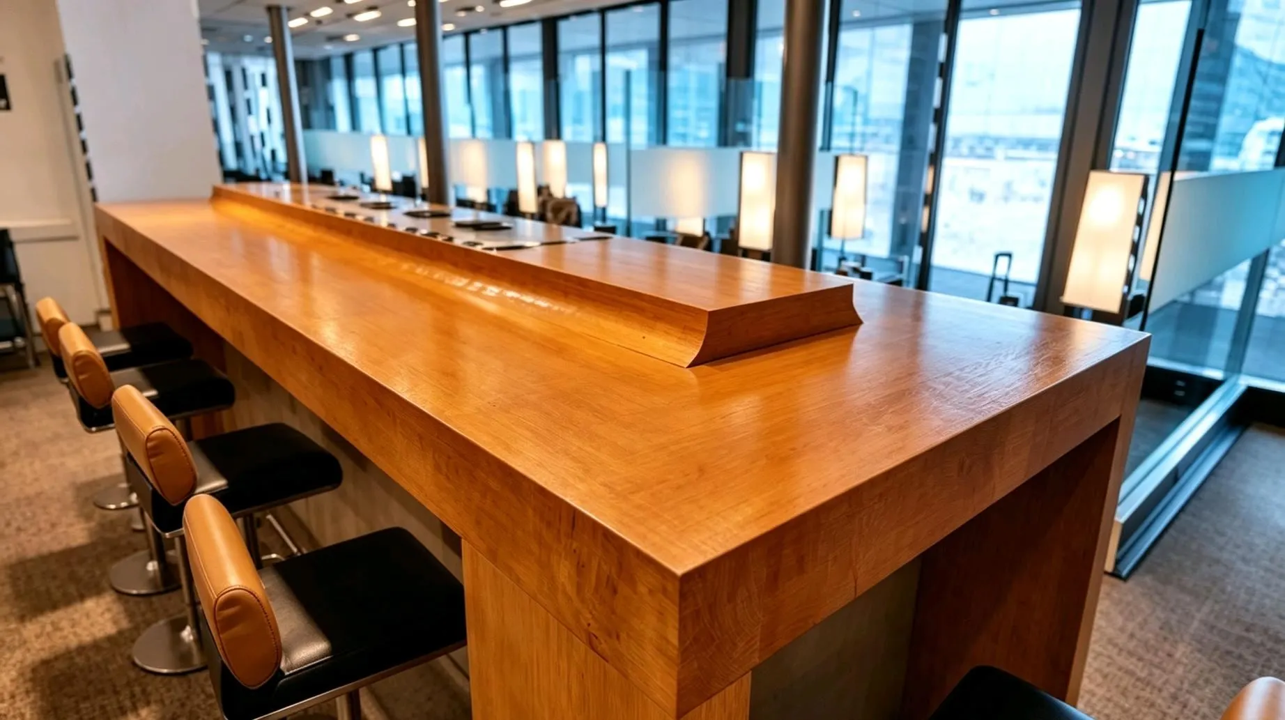 Long wooden counter with high stools and individual lamps beside a window