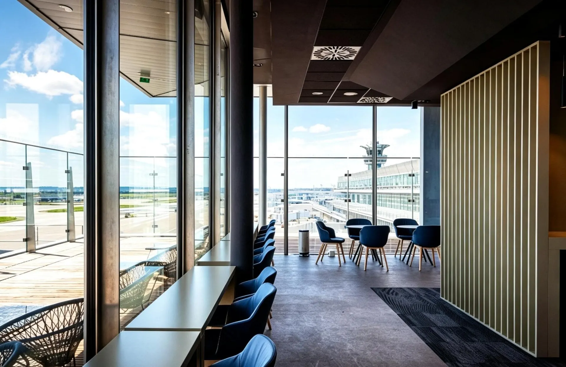Window counter seating with a view out over the airport apron