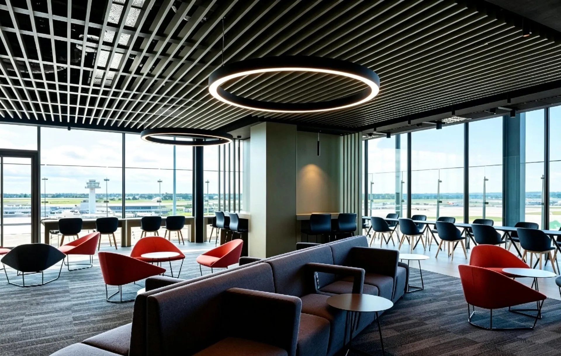 Seating area with red tub chairs, a long sofa and window tables over the apron