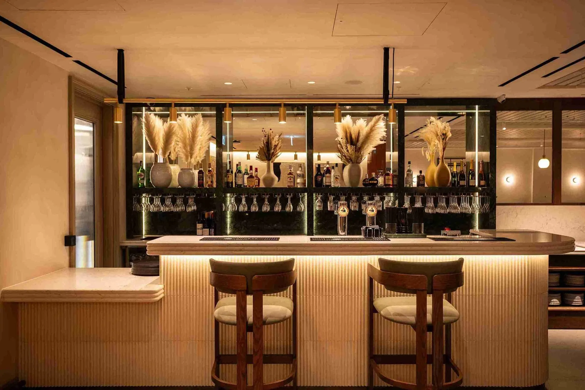 Backlit bar with shelves of glasses and dried grasses, and two curved bar stools in front