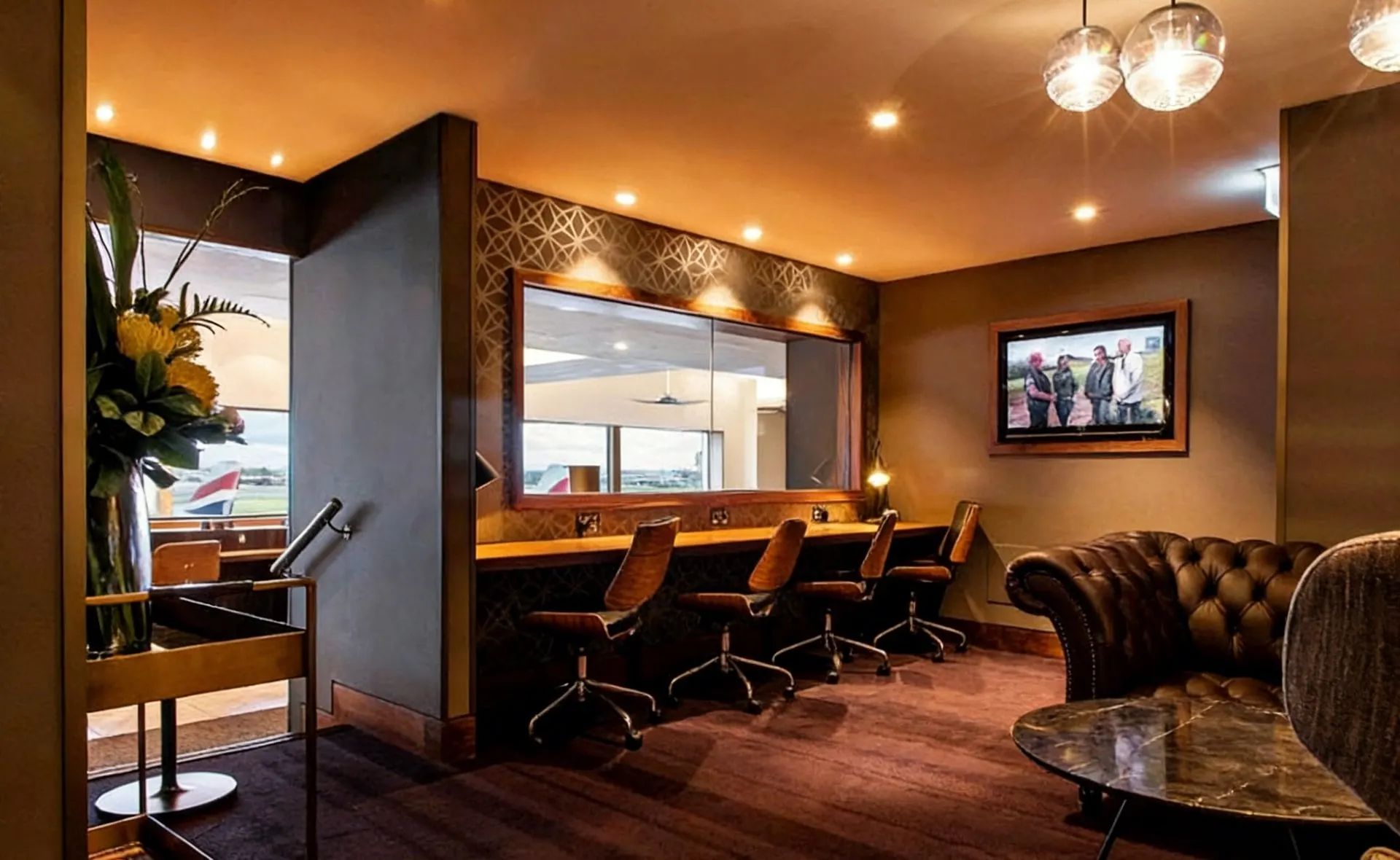 Counter seating along a window, a chesterfield sofa and a TV on the wall in a warmly lit room