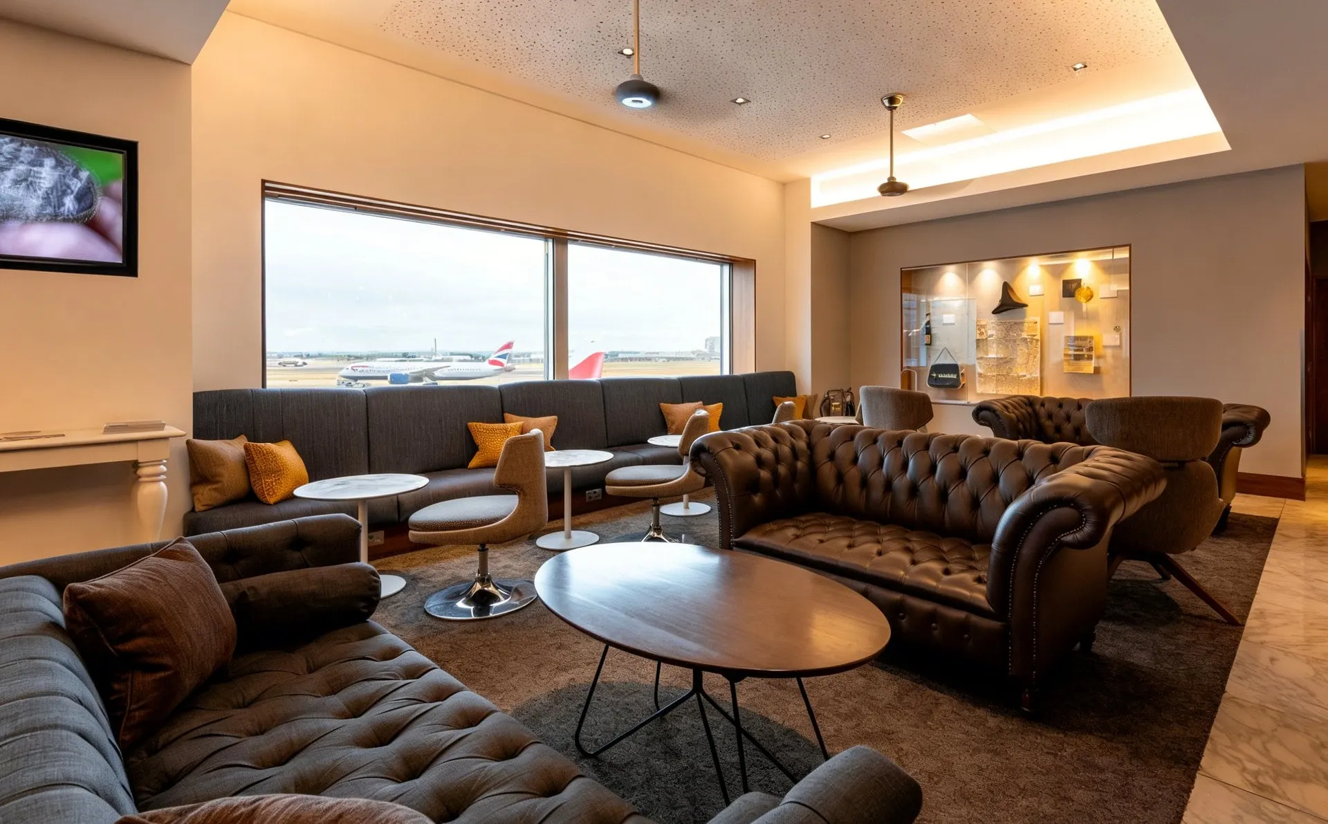 Leather sofas facing big windows with aircraft tails visible on the apron outside