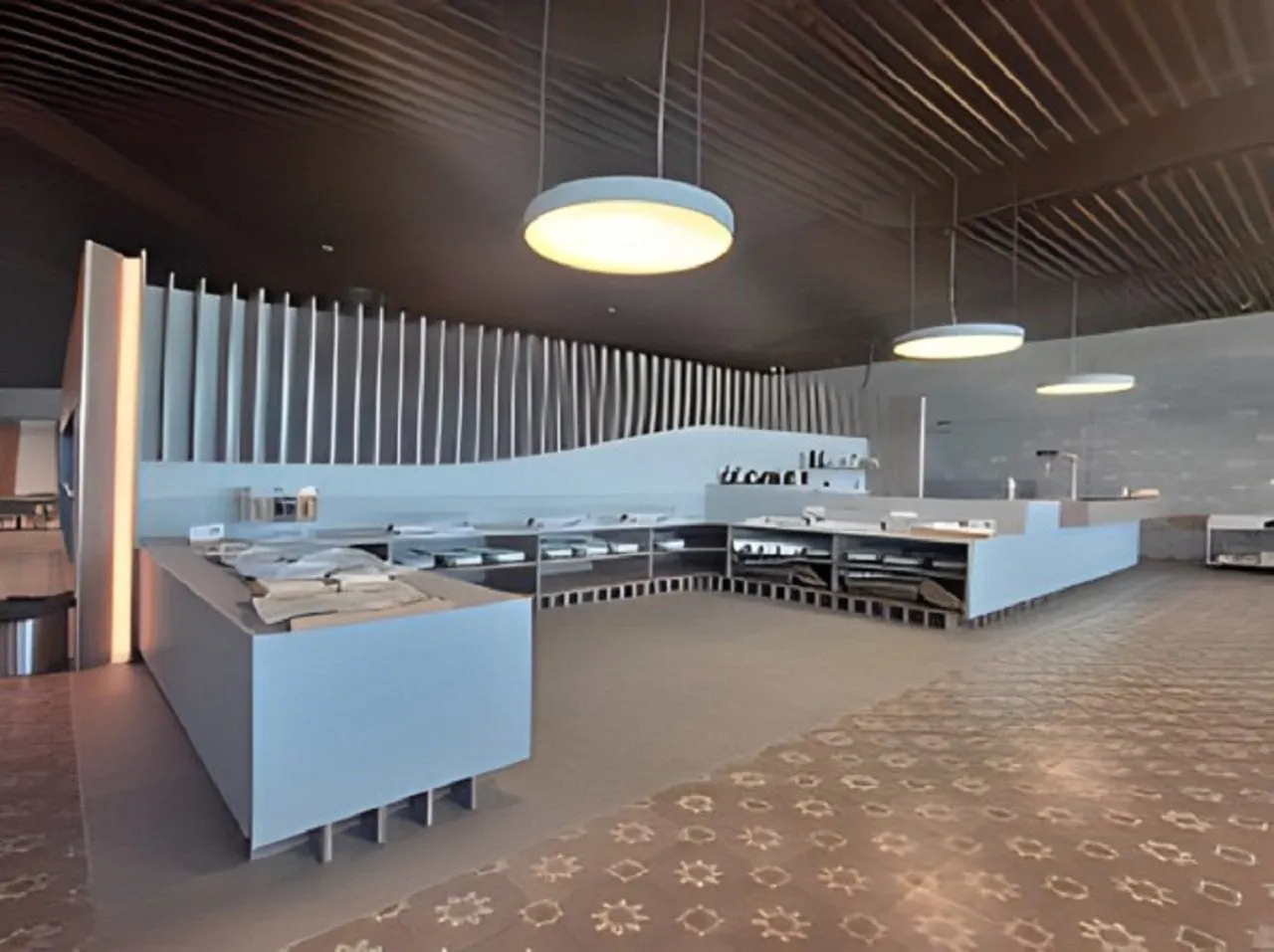 Long white self-service food counter under round ceiling lights