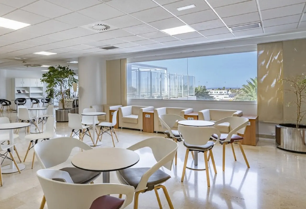 Bright lounge with white armchairs, café tables and a wide window looking out on palms