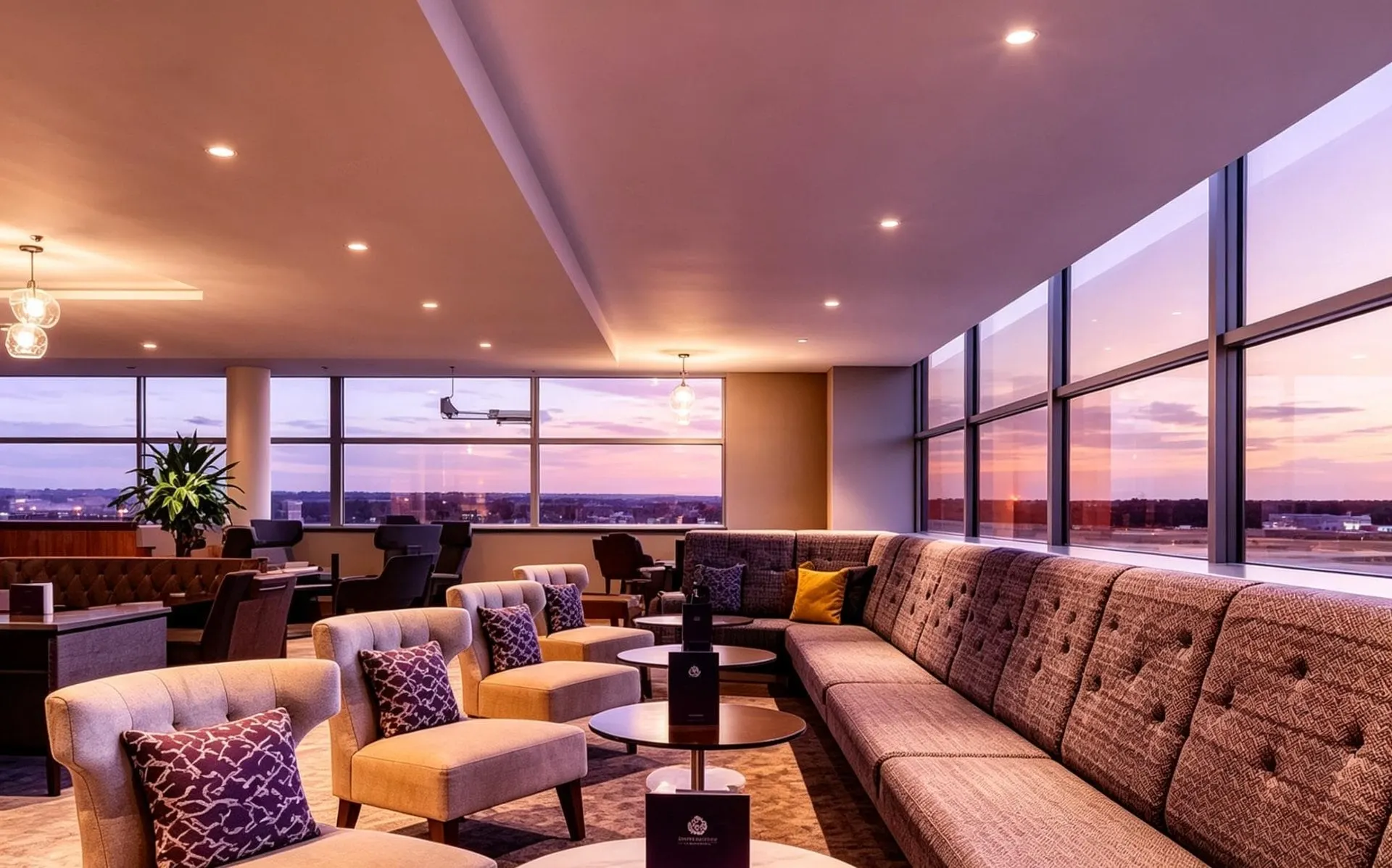 Long banquette and armchairs beside floor-to-ceiling windows, with a plane taking off at sunset