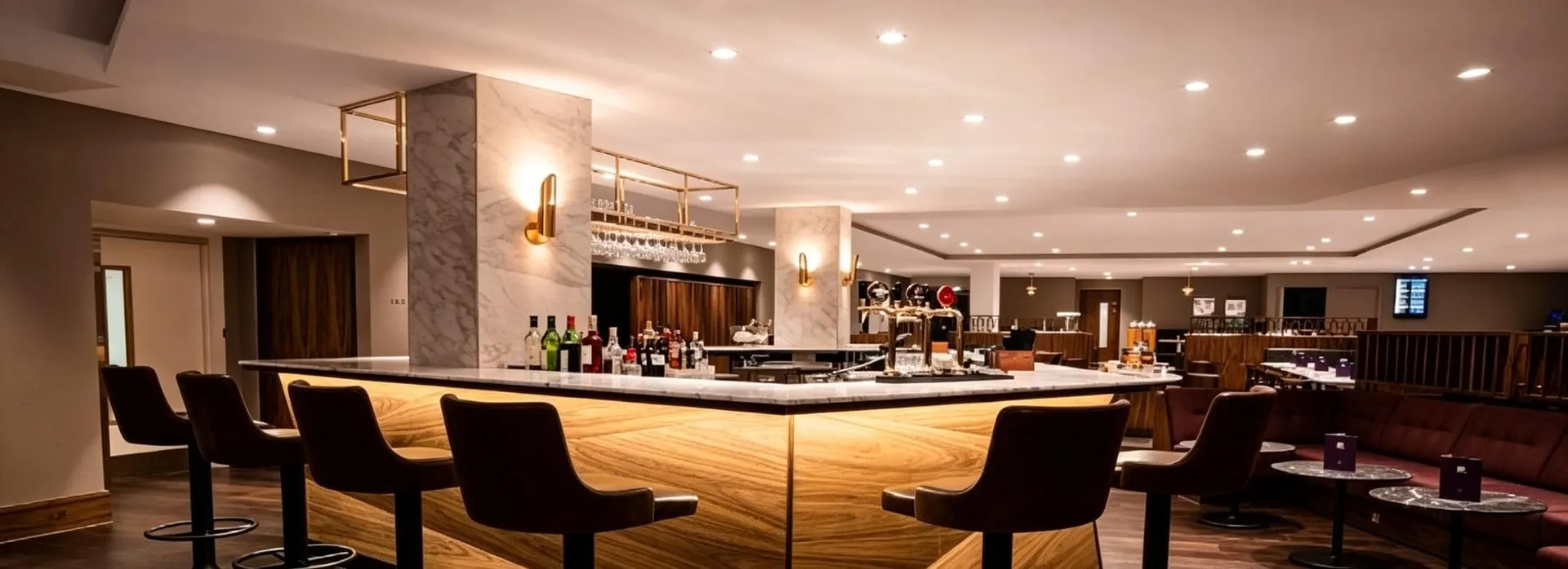 Marble-topped bar counter with leather stools and a coffee station behind