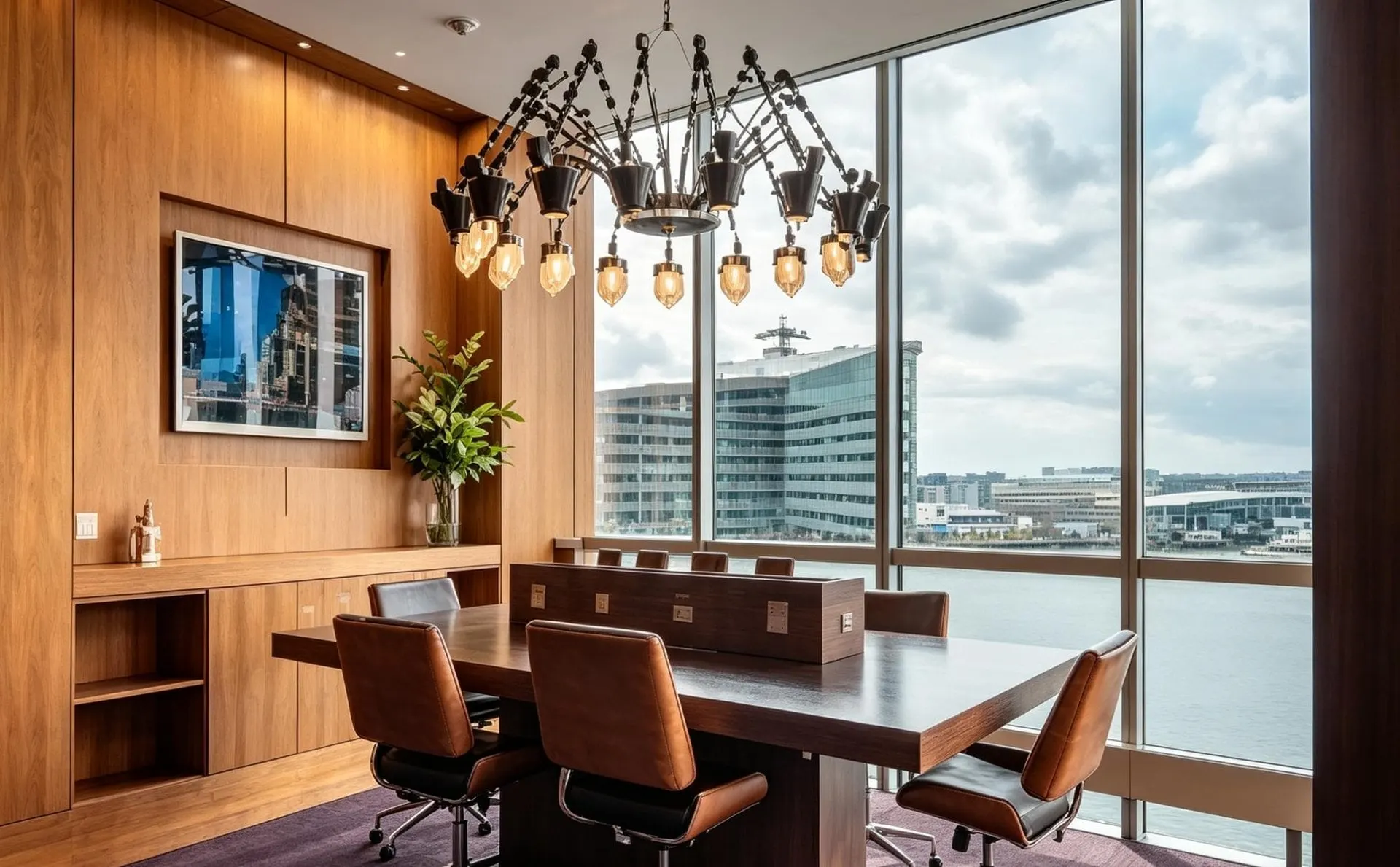 Wooden table and chairs by a tall window looking out over the airport, under a spiky chandelier