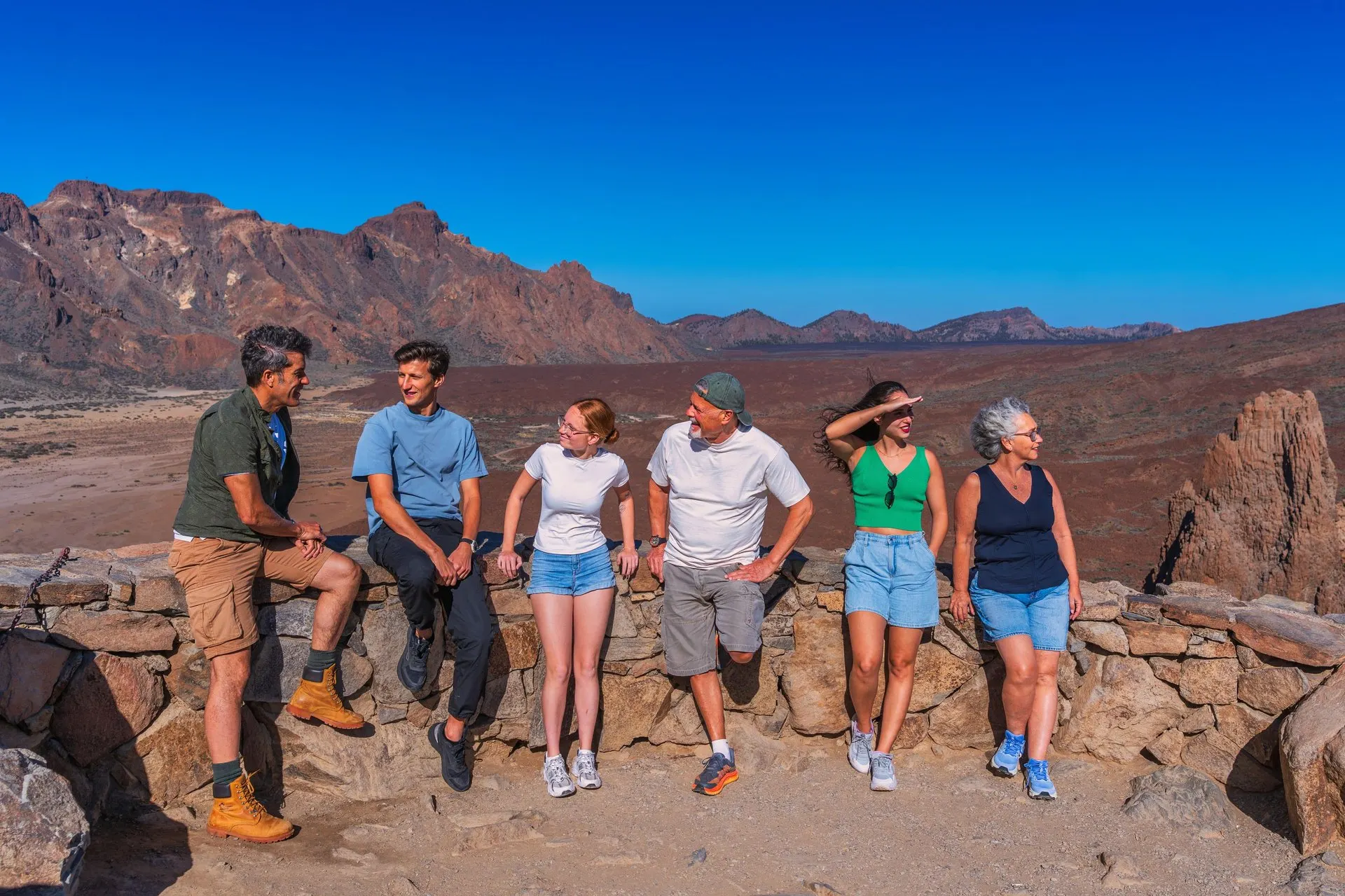 A group at a stone viewpoint wall in the Teide caldera