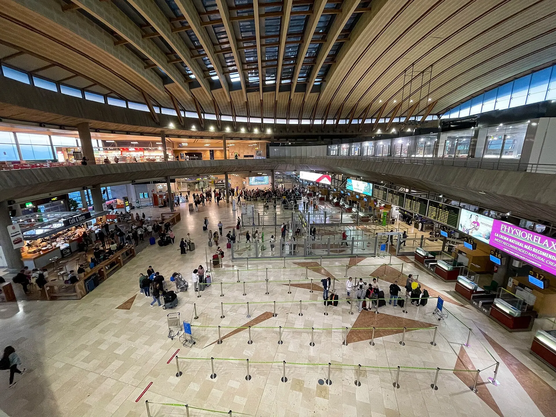 The check-in hall at Tenerife North Airport seen from the upper floor