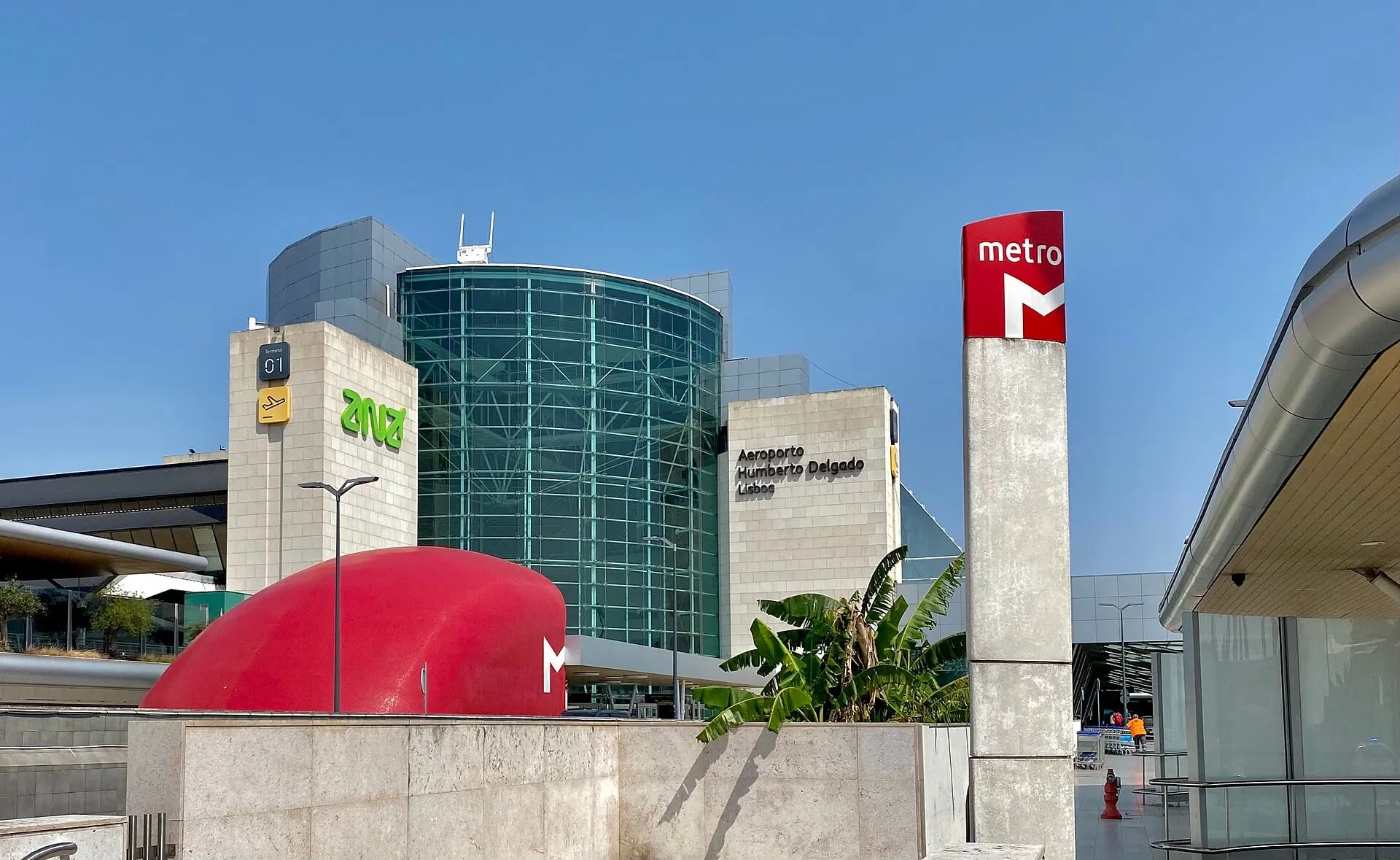 The Aeroporto metro station entrance in front of Terminal 1 at Lisbon Airport