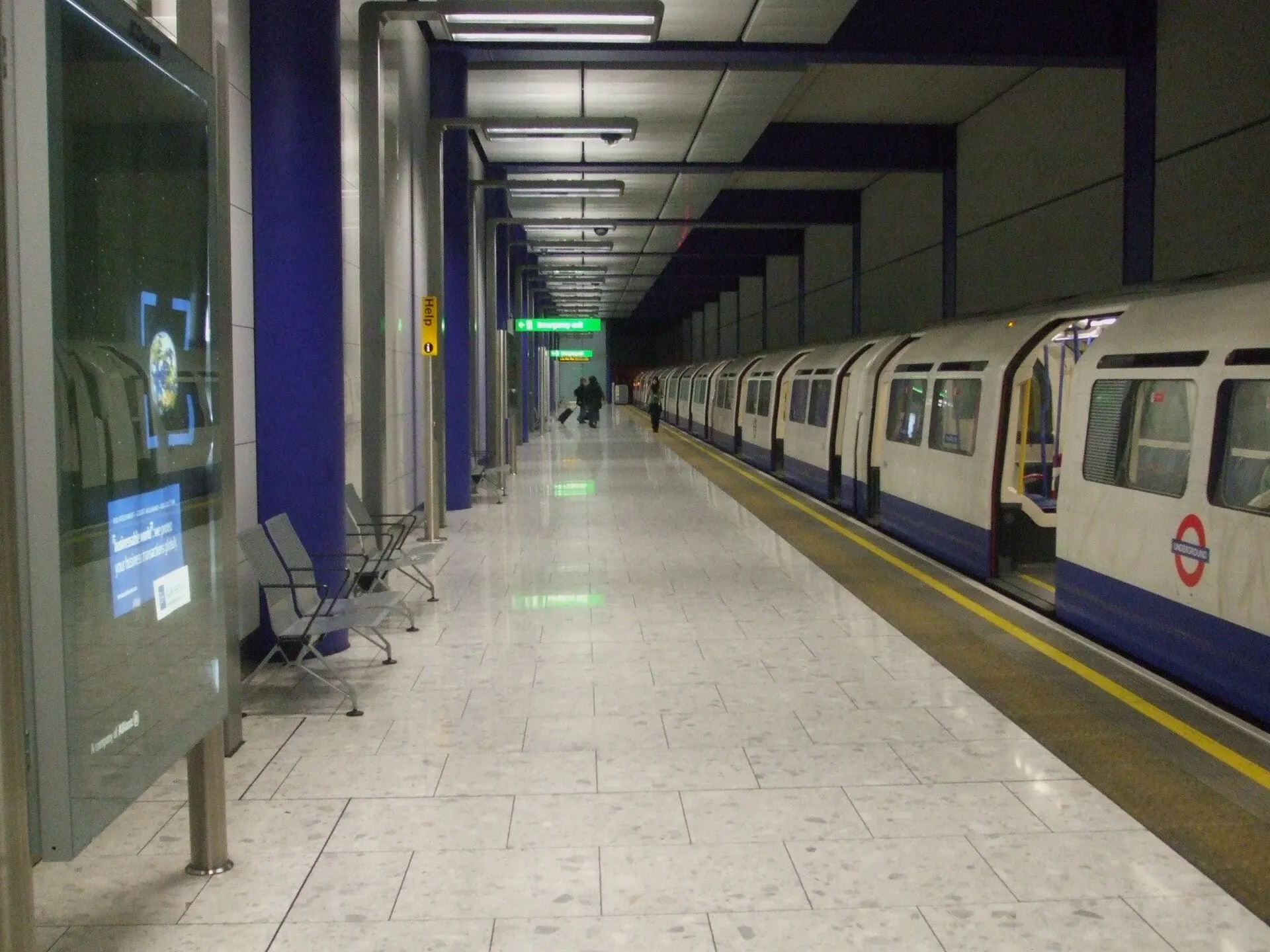 A Piccadilly line train waiting at the Heathrow Terminal 5 Underground platform
