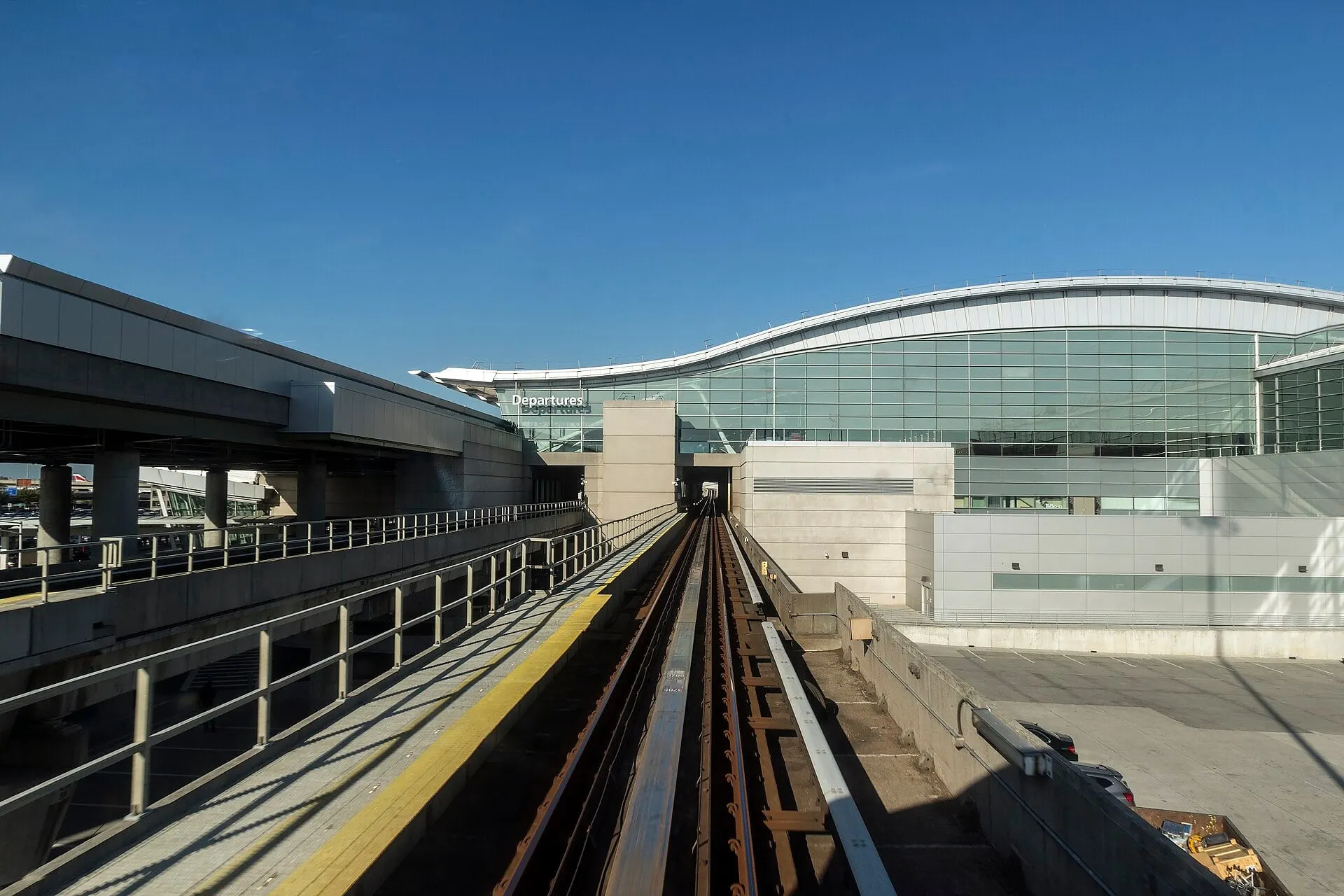 The AirTrain JFK track curving into Terminal 4 at JFK
