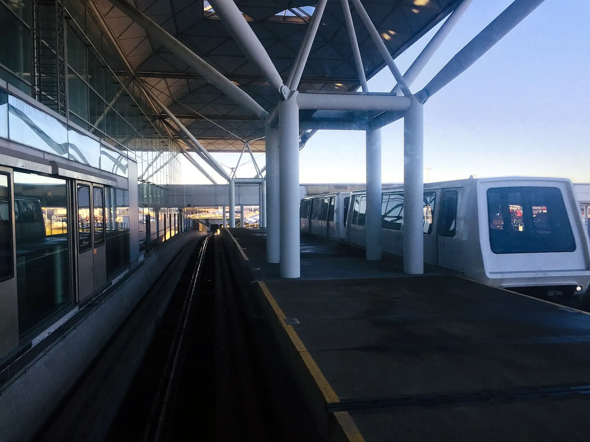 A people mover at the Stansted terminal transit station, ready to run to the gates