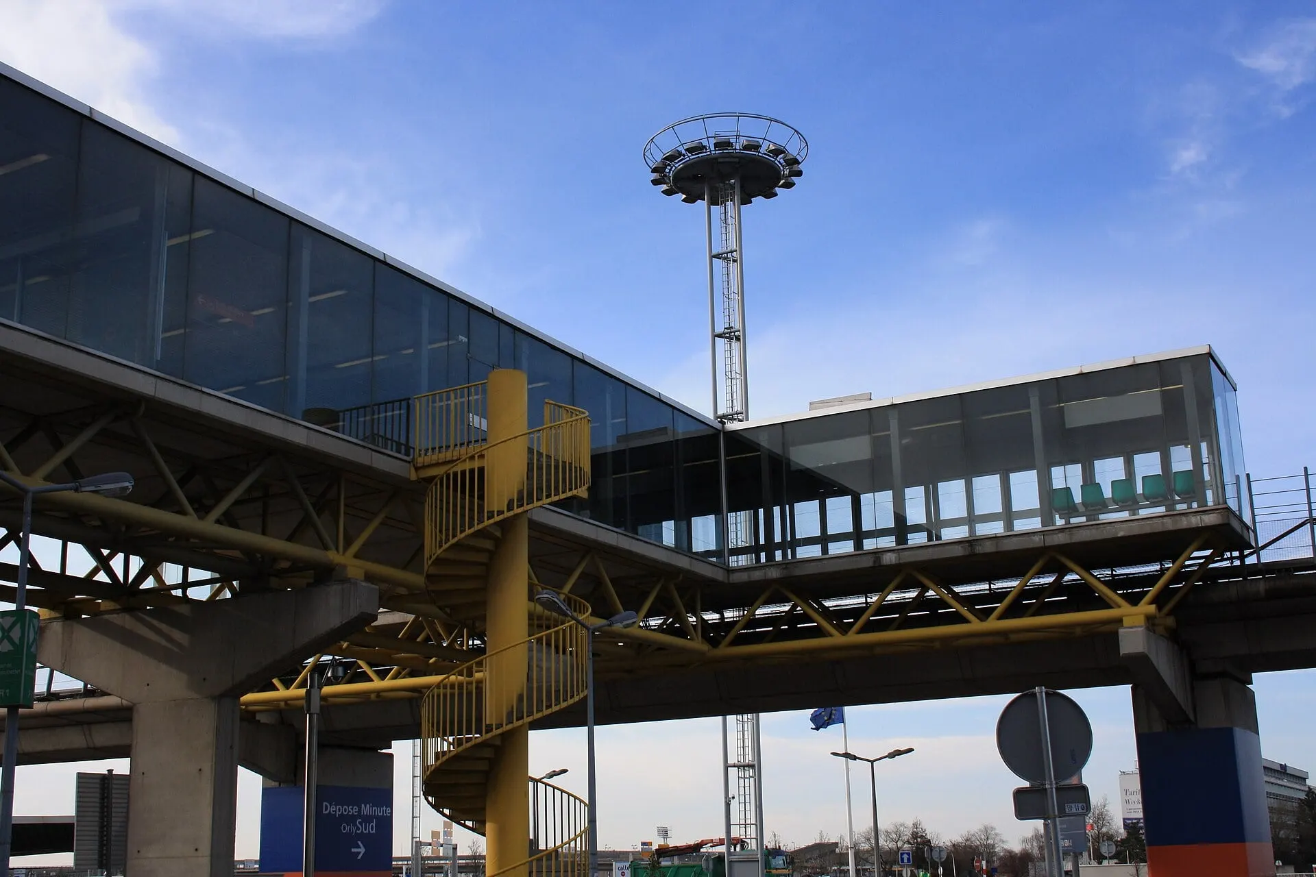 The raised glass walkway to the Orlyval station outside the south terminal at Paris Orly