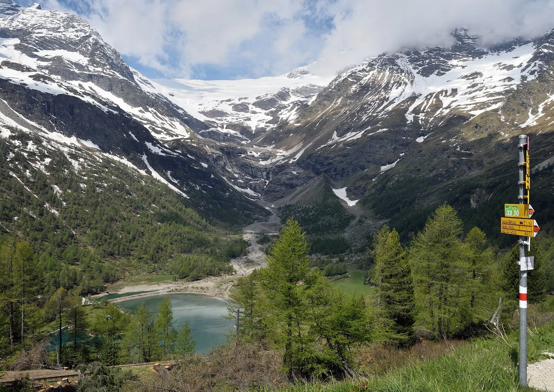 The Palü Glacier and Lago Palü seen from Alp Grüm station.