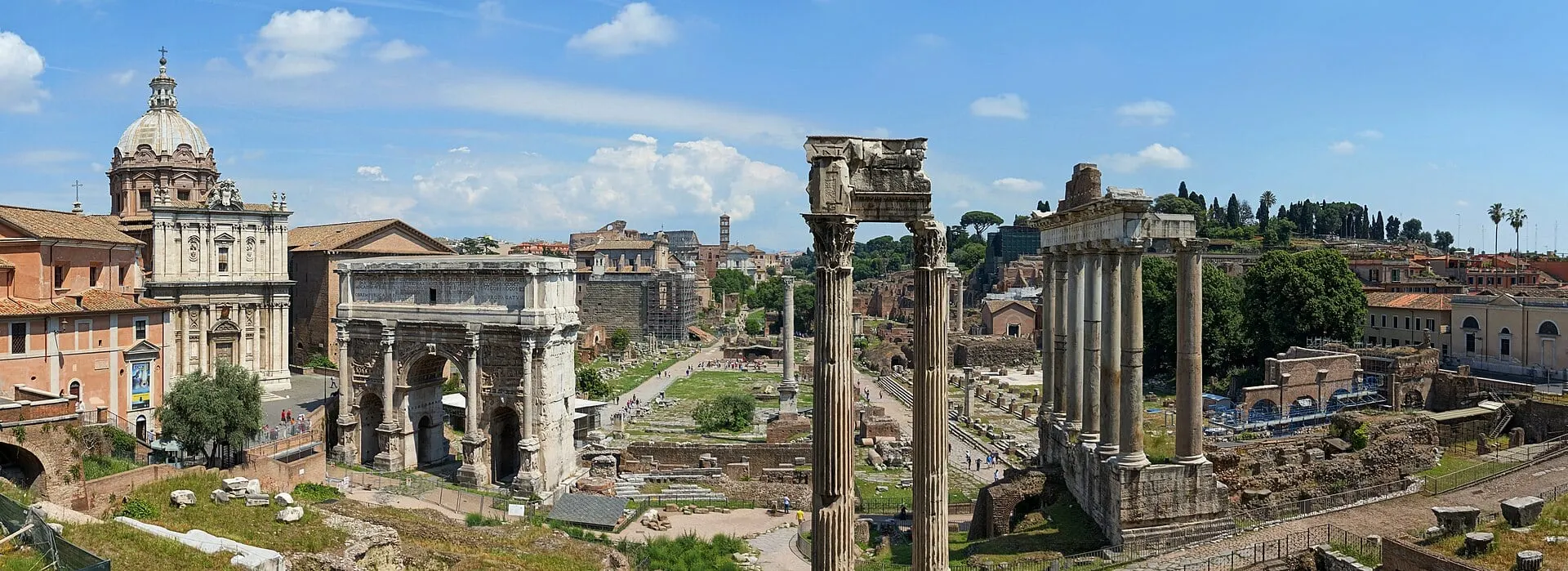 A panorama of the Roman Forum, with the Arch of Septimius Severus and the Temple of Saturn