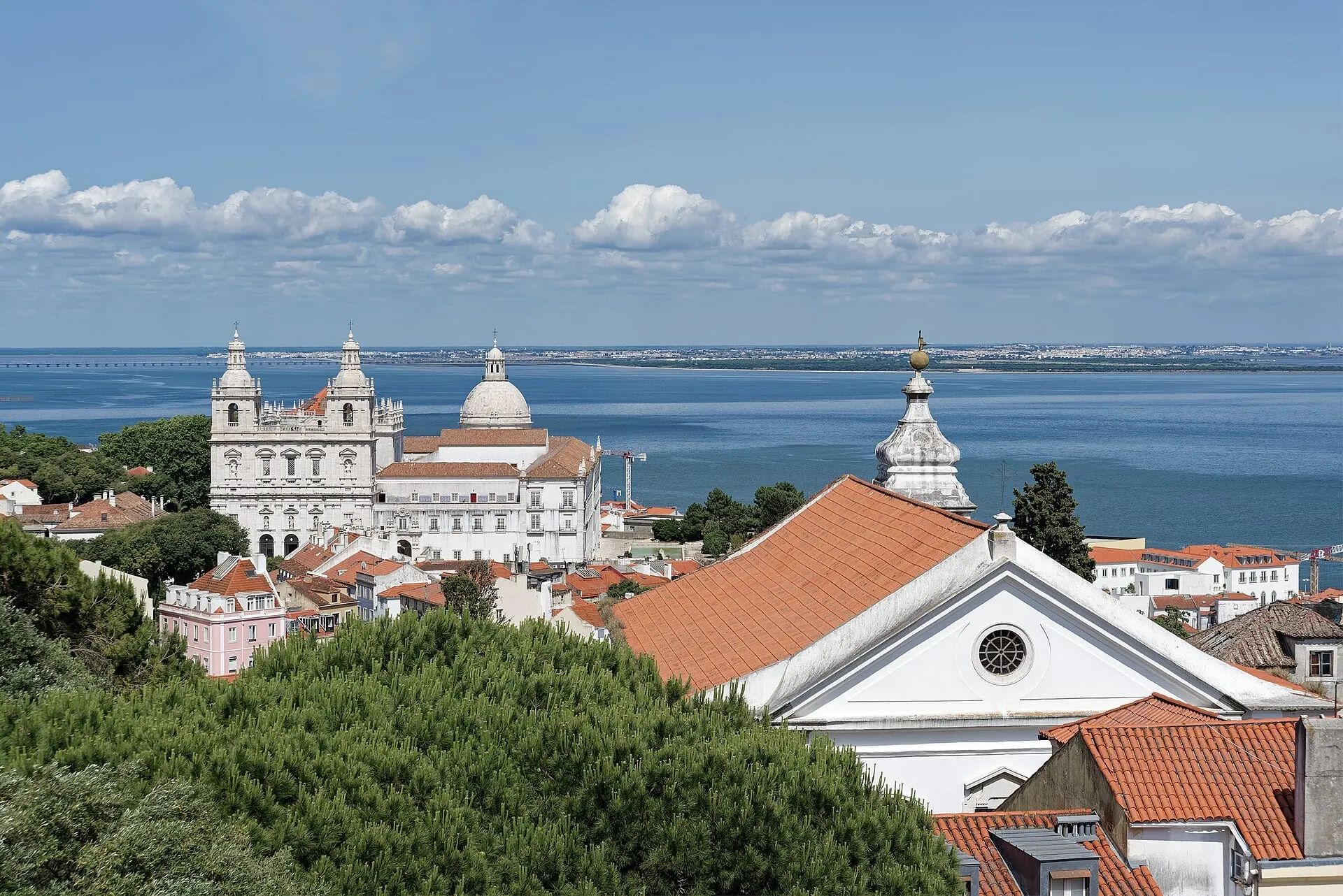 The view east from São Jorge Castle over the roofs of Alfama to São Vicente de Fora and the Tagus