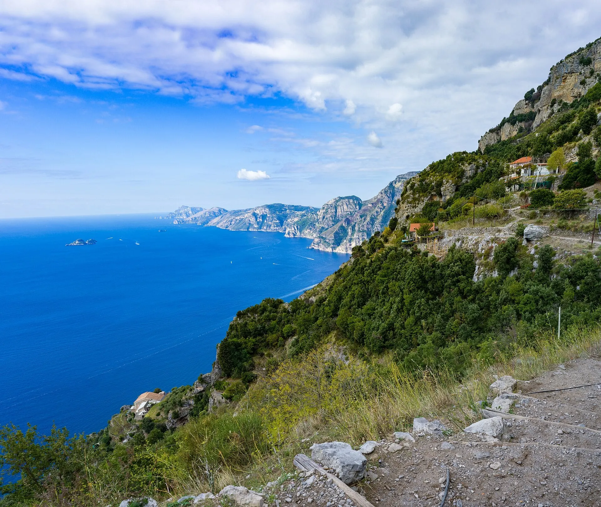 The Amalfi coast and a deep blue sea seen from the Path of the Gods